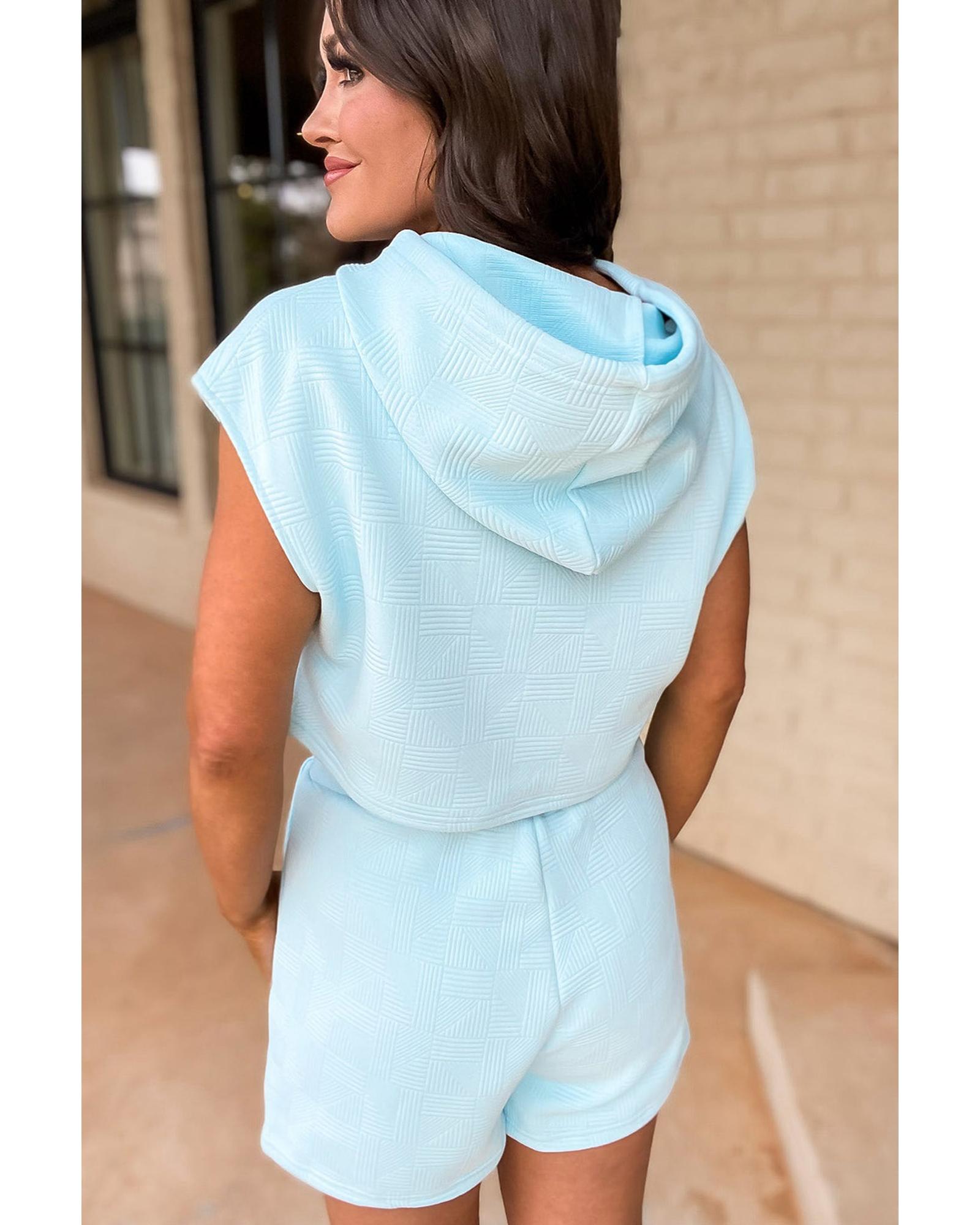 V539-AZEXDC625911-P804-L-202506142230-00 Beau Blue Textured Cropped Hoodie and Shorts Set - L - Image 1
