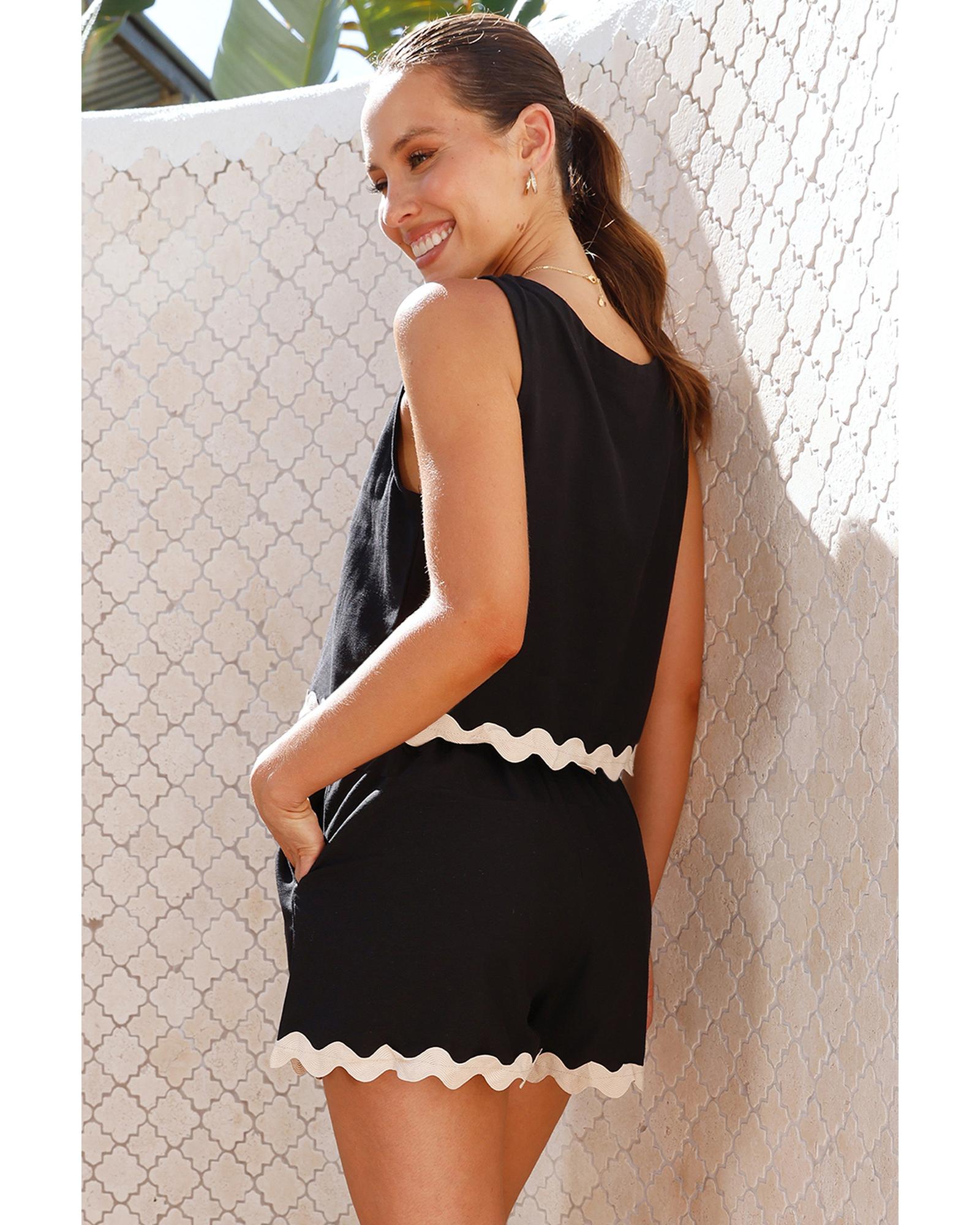 V539-AZEXDC625920-P2-L-202508282235-00 Black Ricrac Trim Tank Top Elastic Waist Shorts Set - L - Image 1