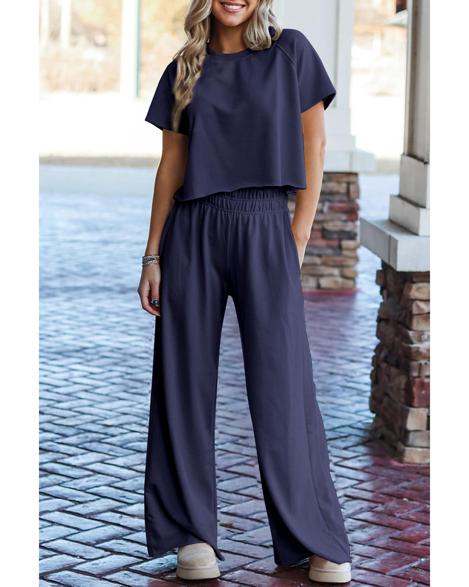 V539-AZEXDC625926-P605-M-202508280720-00 Navy Blue Raw Hem Loose Tee and Wide Leg Pants Set - M - Image 1