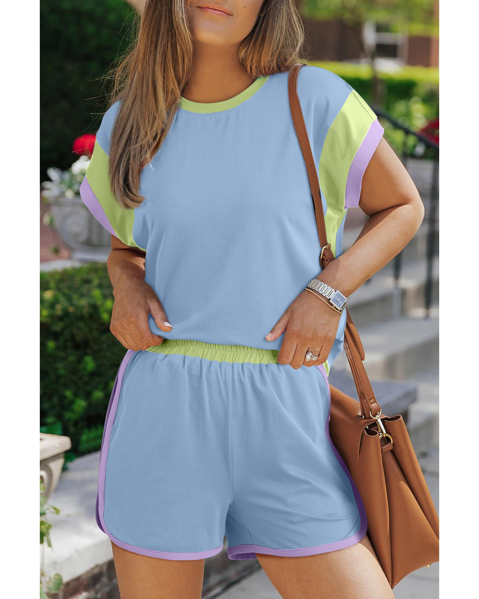 V539-AZEXDC626037-P305-L-202508301450-00 Blue Contrast Trim Cap Sleeve Tee Shorts Set - L - Image 1