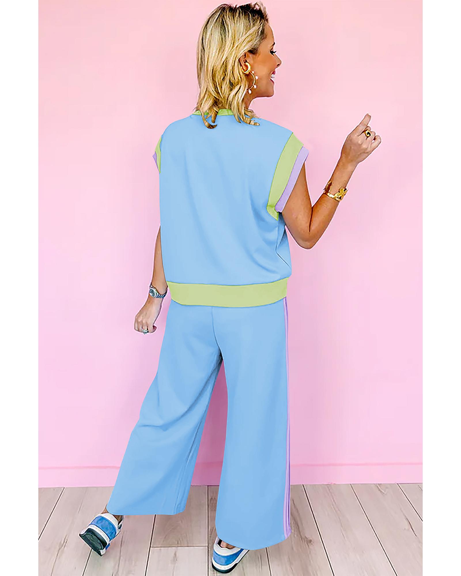 V539-AZEXDC626057-P304-L-202508301110-00 Sky Blue Color Block Detail Casual Two-piece Outfit - L - Image 1