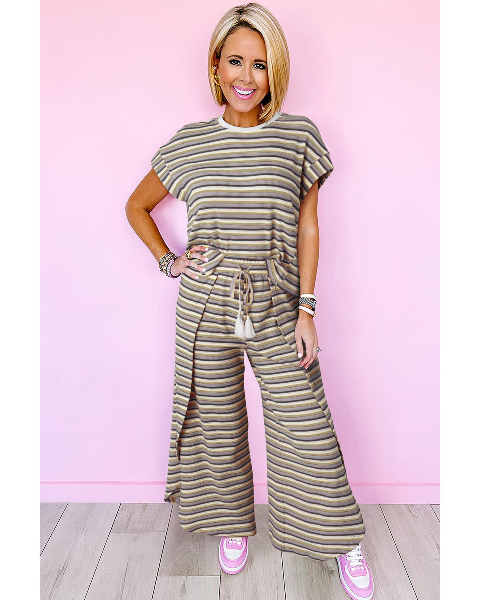 V539-AZEXDC626108-P219-XL-202508301225-00 Black Stripe Rainbow Tee Tasseled String Wide Leg Pants Set - XL - Image 1