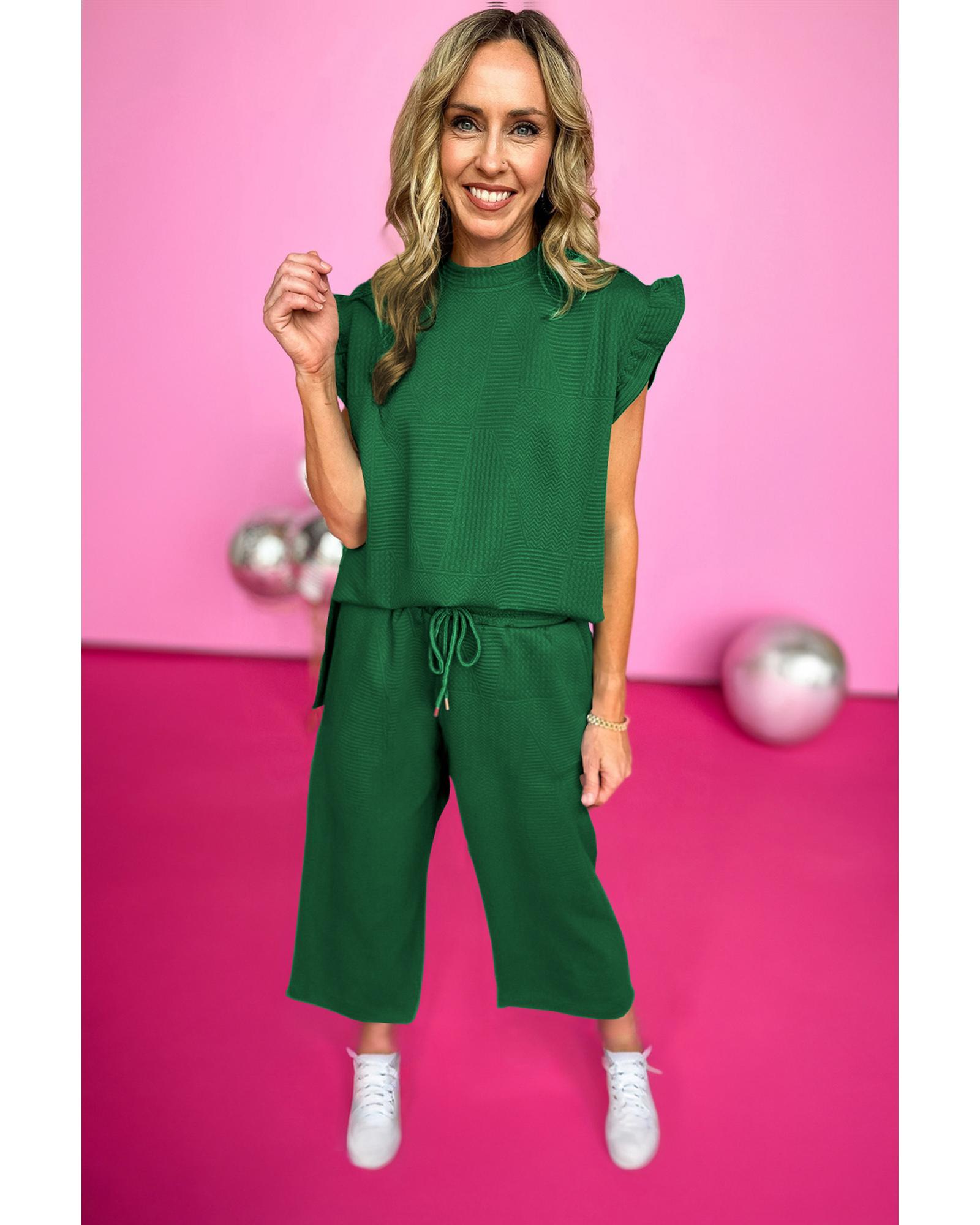 V539-AZEXDC626277-P209-XL-202508291350-00 Dark Green Ruffled Sleeve Summer Top and Cropped Loose Pants Set - XL - Image 1