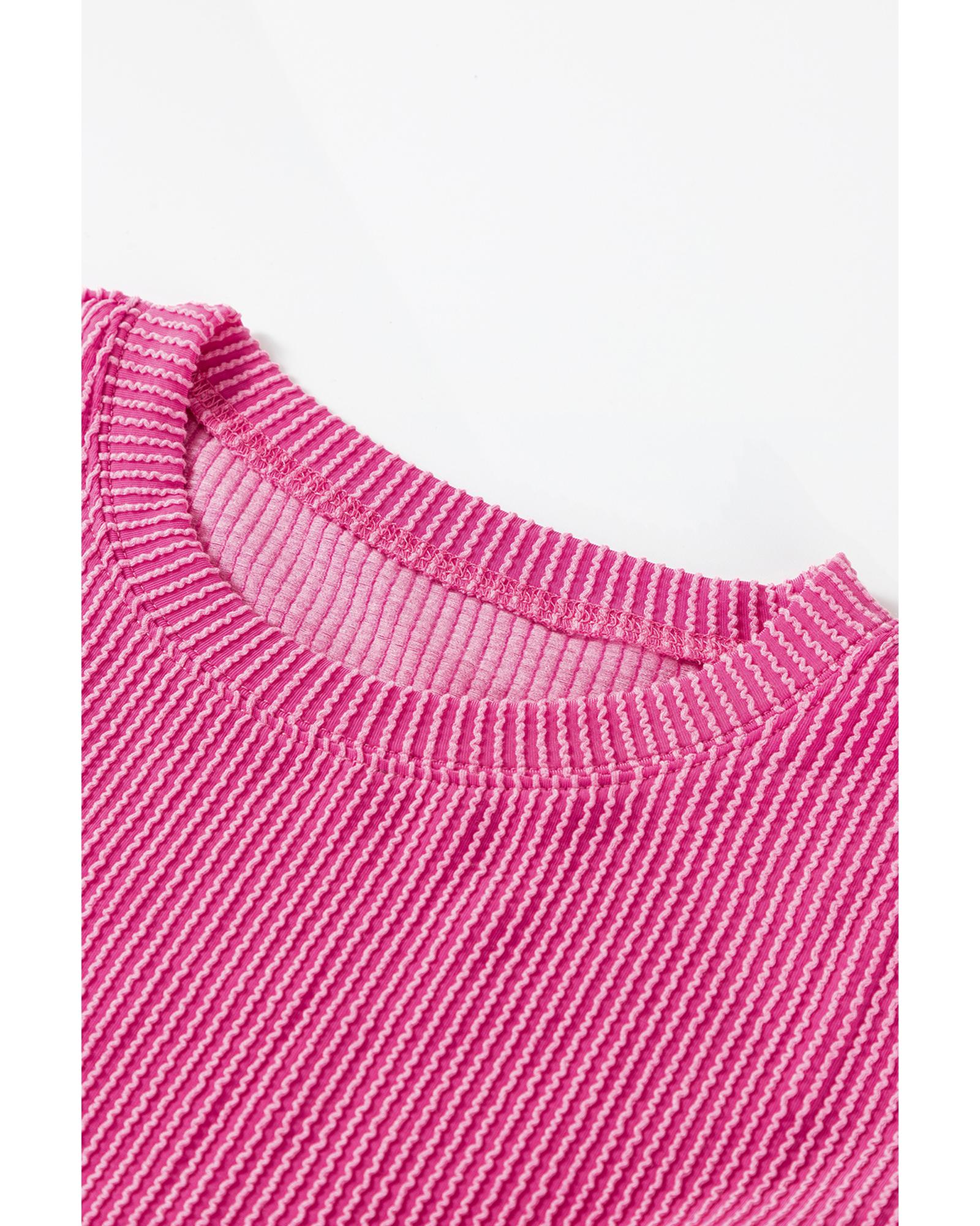 V539-AZEXDC626386-P306-L-202508291925-00 Strawberry Pink Corded Textured Long Sleeve Top and Shorts Set - L - Image 1