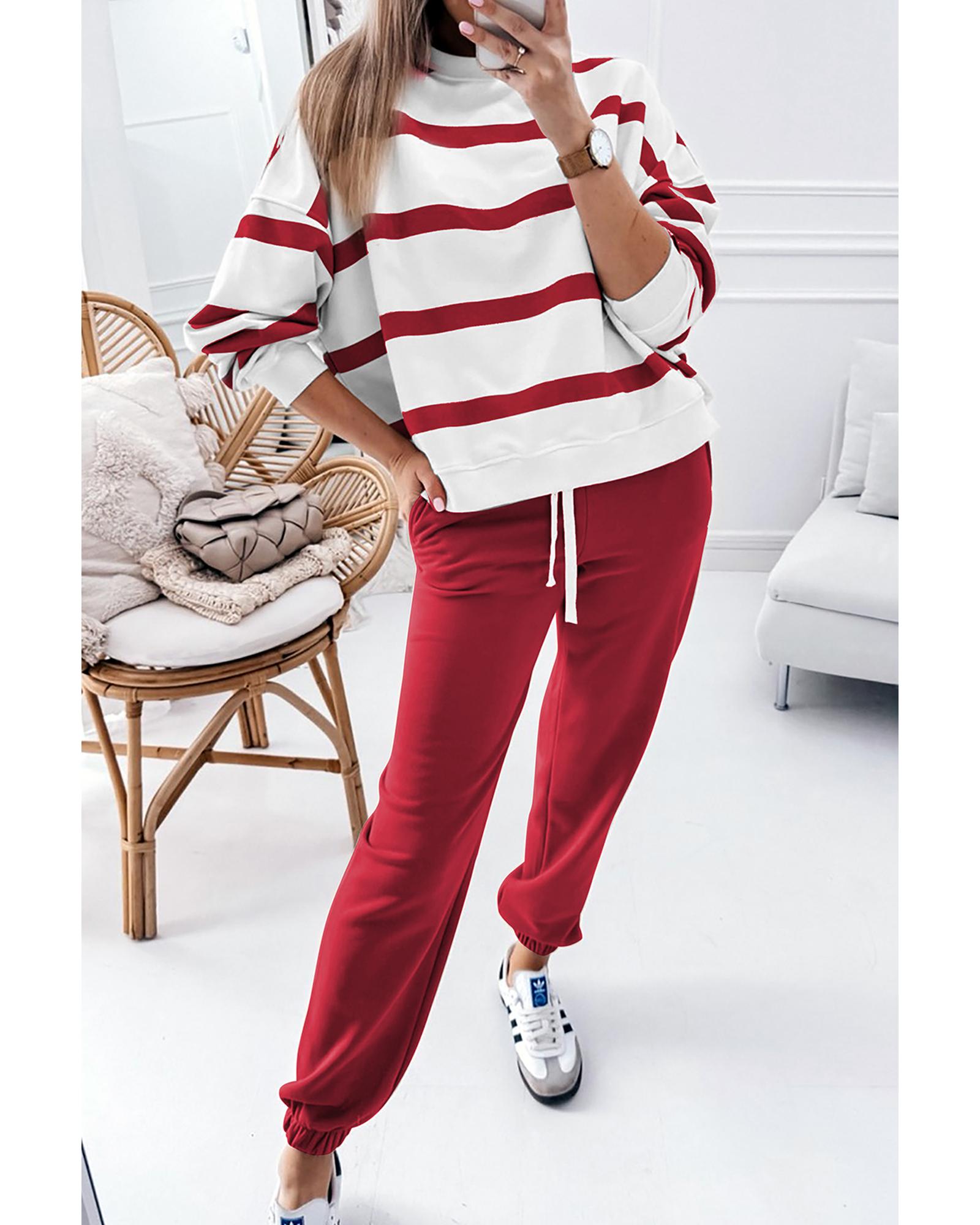 V539-AZEXDC626456-P319-XL-202508281835-00 Red Stripe Drop Shoulder Pullover and Jogger Pants Set - XL - Image 1