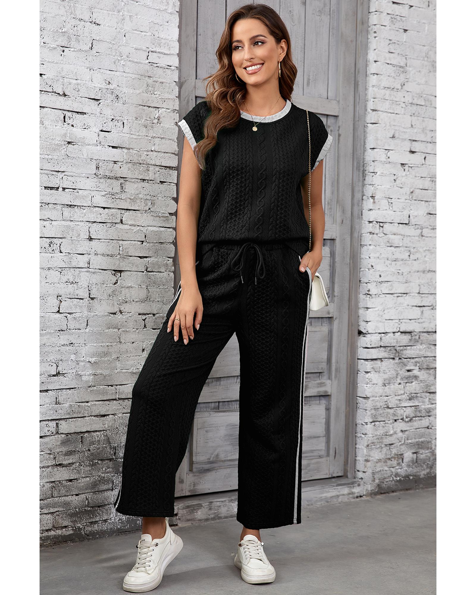 V539-AZEXDC626458-P2-2XL-202508282150-00 Black Cable Knit Contrast Trim Short Sleeve Top and Pants Set - 2XL - Image 1