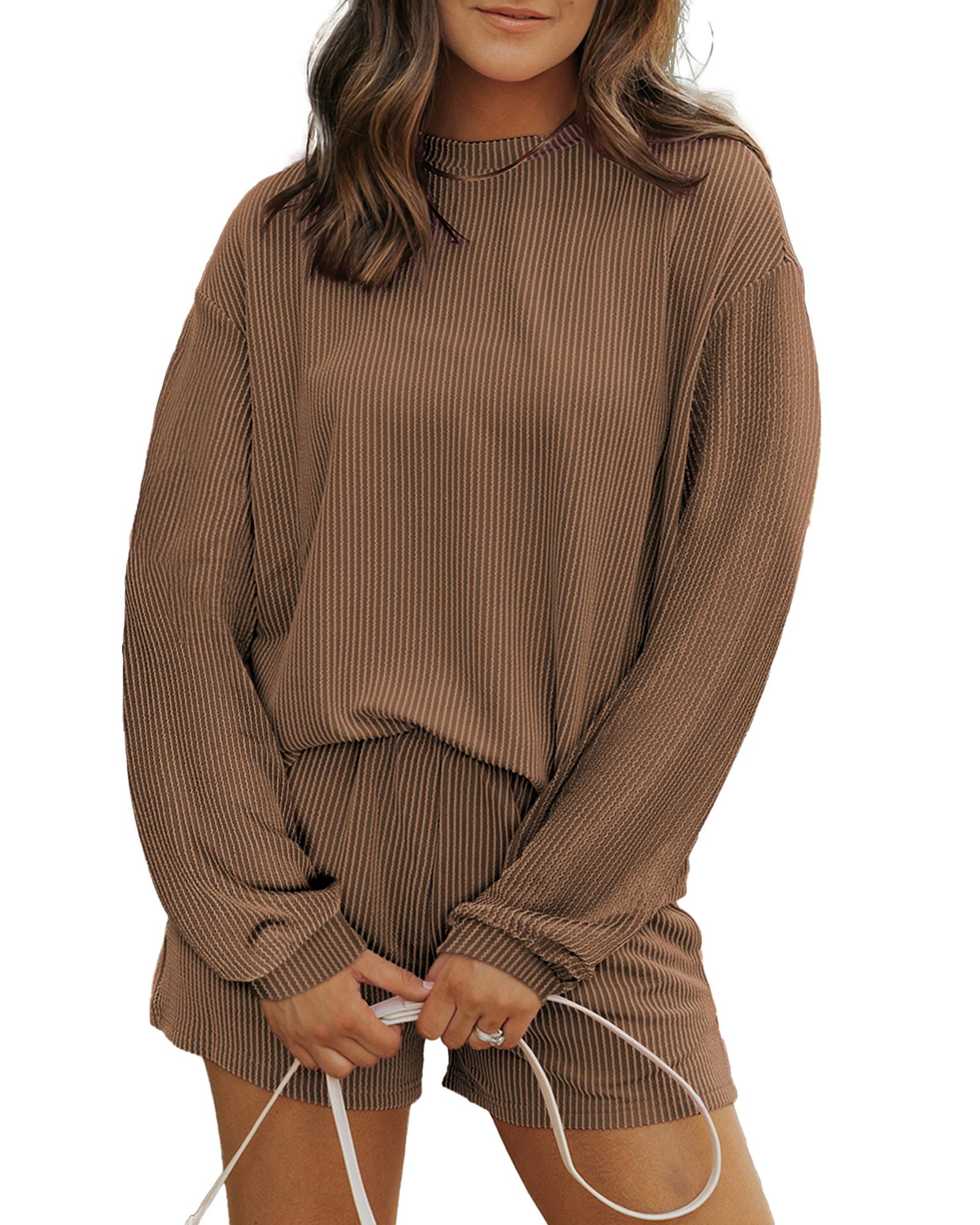 V539-AZEXDC626490-P2017-XL-202508301750-00 Chestnut Corded Knit Long Sleeve Top and High Waist Shorts Set - XL - Image 1