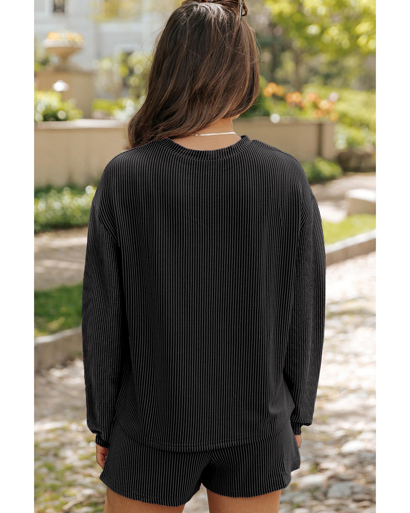 V539-AZEXDC626490-P4011-L-202508302030-00 Carbon Grey Corded Knit Long Sleeve Top and High Waist Shorts Set - L - Image 1