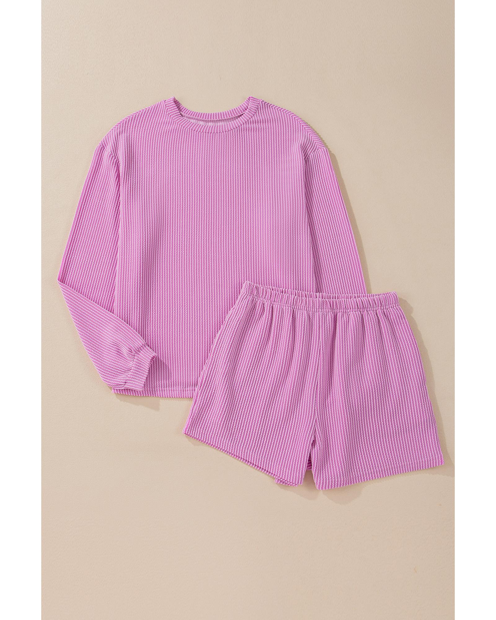 V539-AZEXDC626490-P608-S-202506191836-00 Phalaenopsis Corded Knit Long Sleeve Top and High Waist Shorts Set - S - Image 1