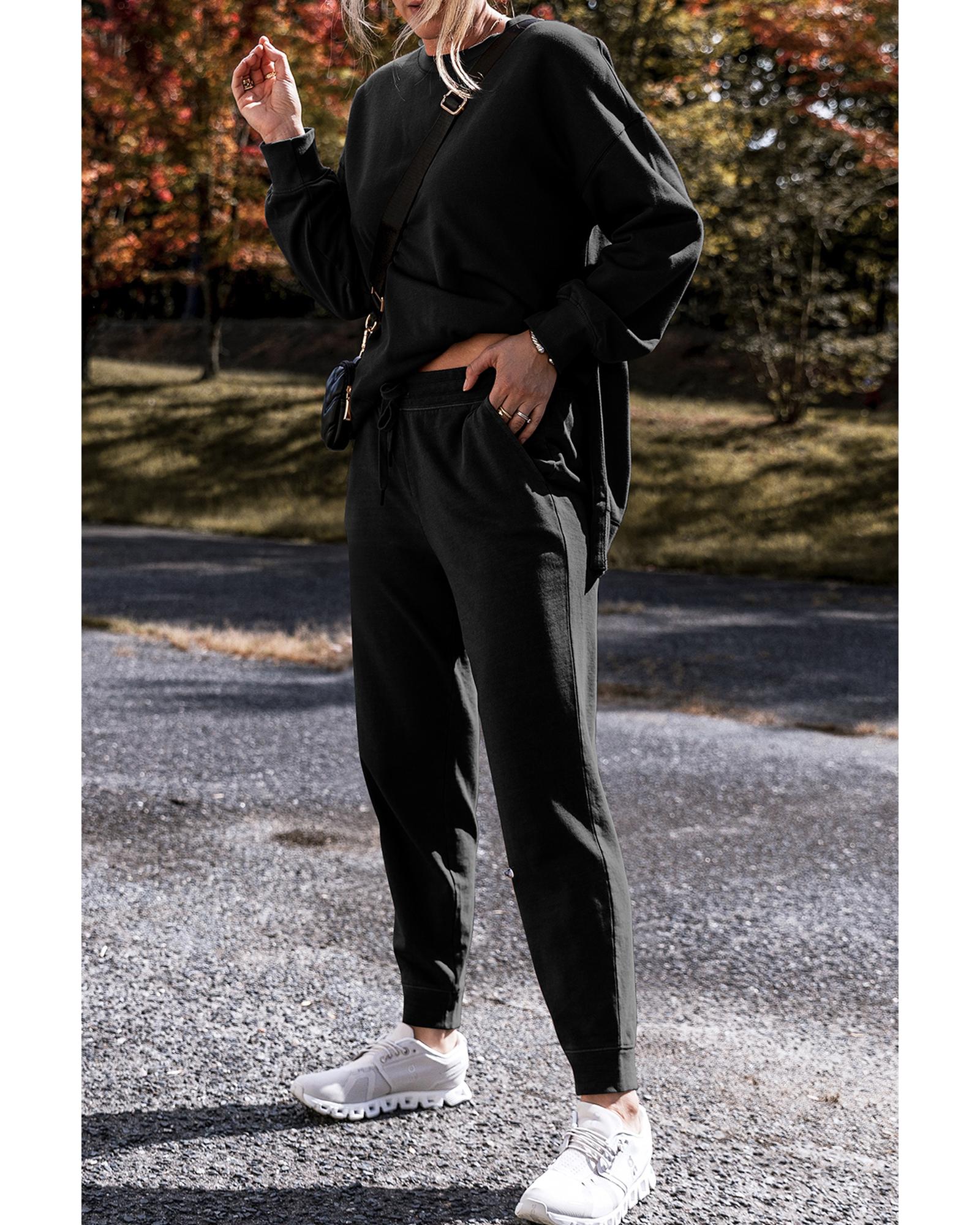 V539-AZEXDC626533-P2-S-202508301220-00 Black Solid Color High Low Pullover and Skinny Pants Set - S - Image 1