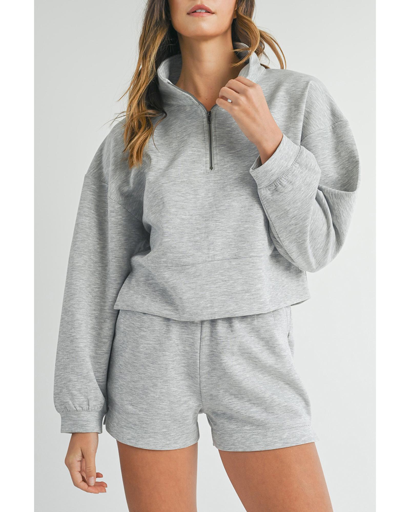 V539-AZEXDC626536-P1011-L-202508301645-00 Light Grey Stand Neck Zipped Sweatshirt and Shorts Set - L - Image 1