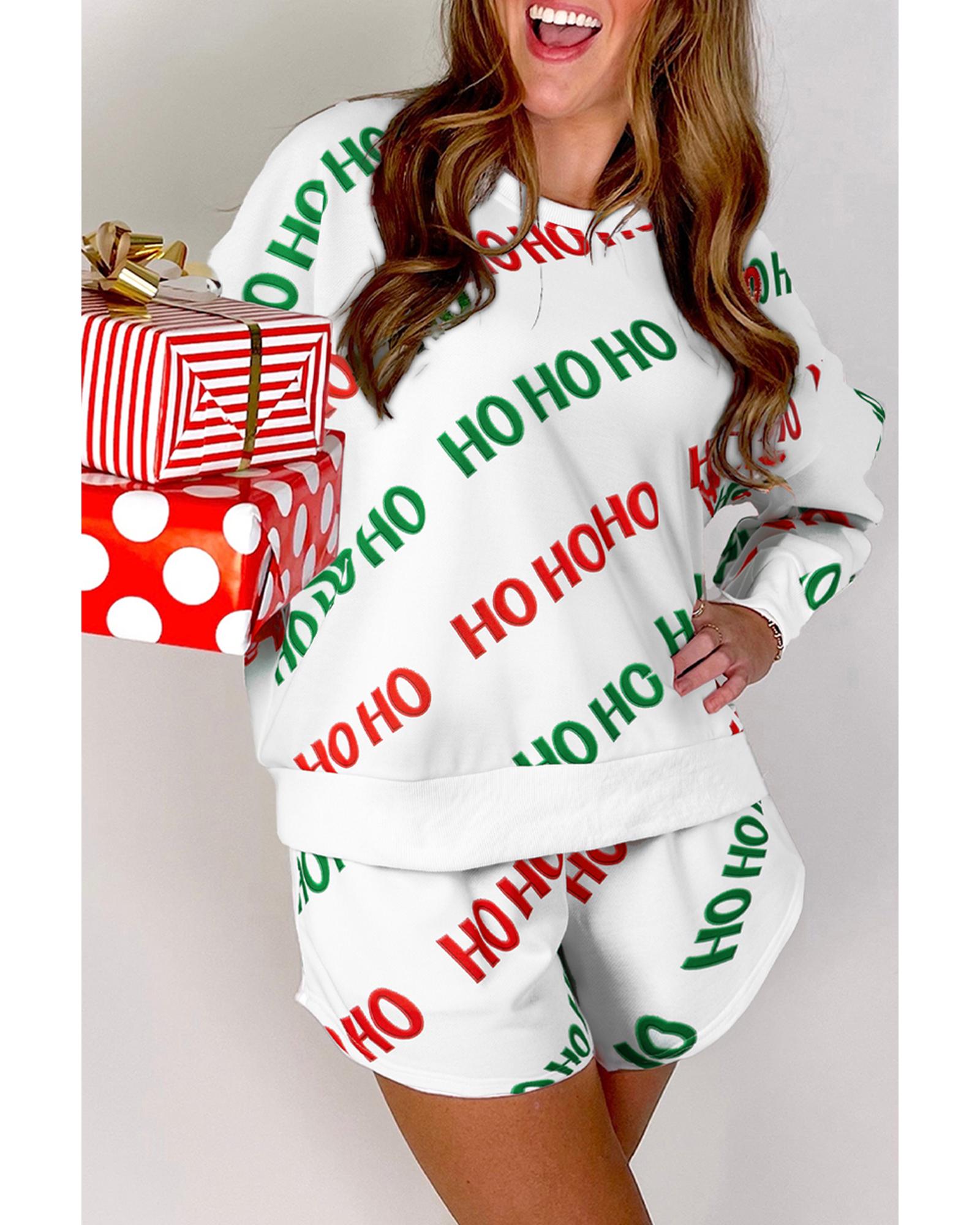 V539-AZEXDC626548-P122-M-202508302255-00 White Christmas HOHOHO Print Drop Shoulder Pullover and Casual Shorts Set - M - Image 1