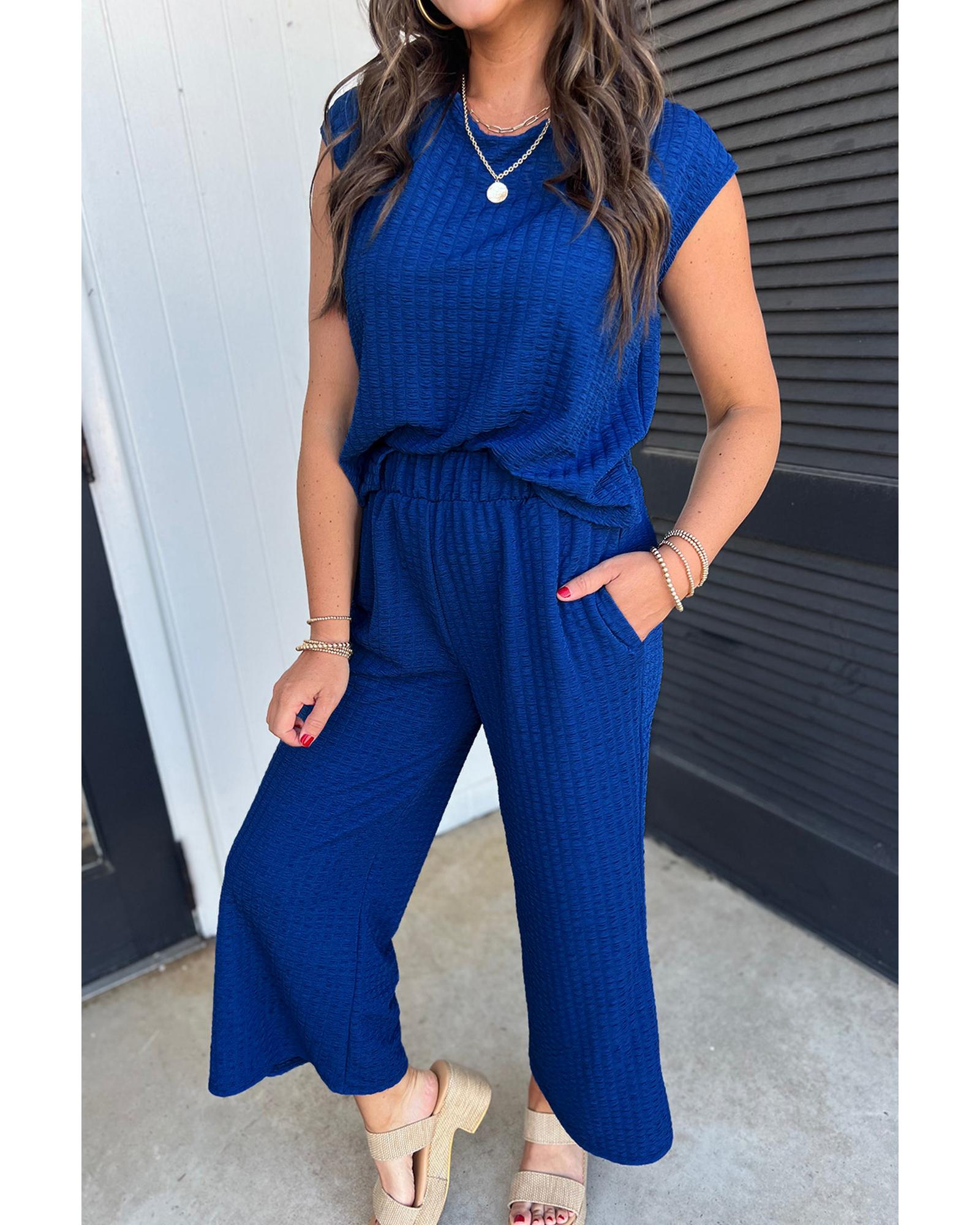 V539-AZEXDC626577-P205-L-202508301230-00 Sky Blue Textured Knit Cap Sleeve T Shirt and Wide Leg Pants Set - L - Image 1