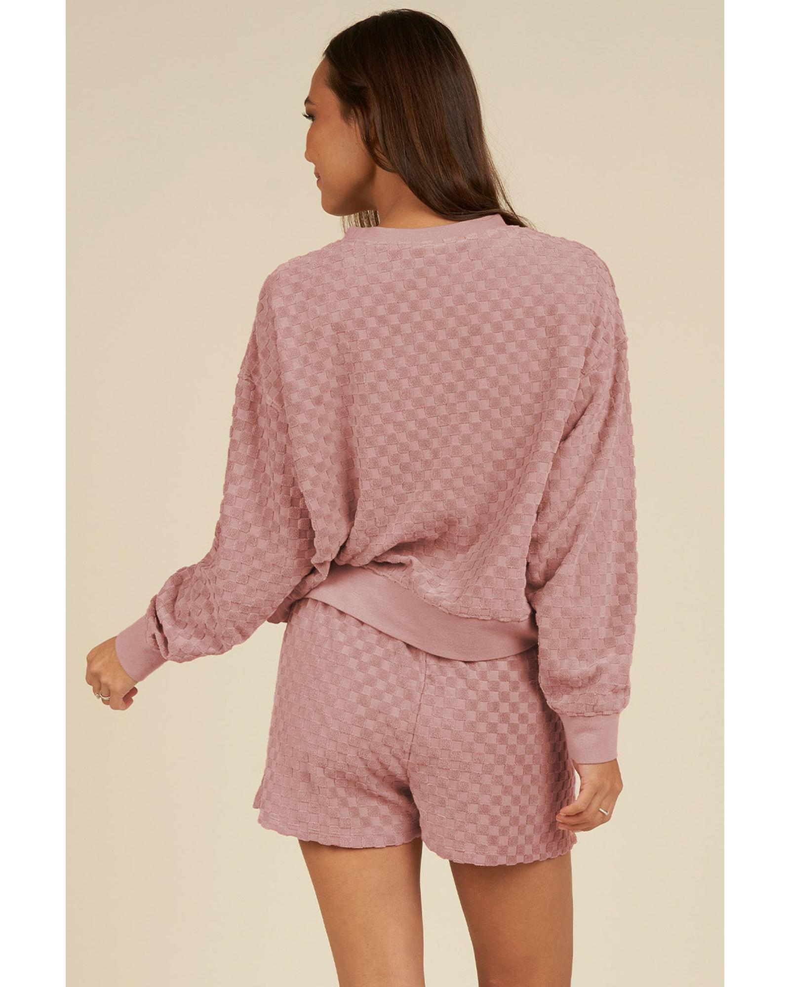 V539-AZEXDC626579-P1510-M-202508301940-00 Blossom Checkered Textured Long Sleeve Top and Shorts Set - M - Image 1
