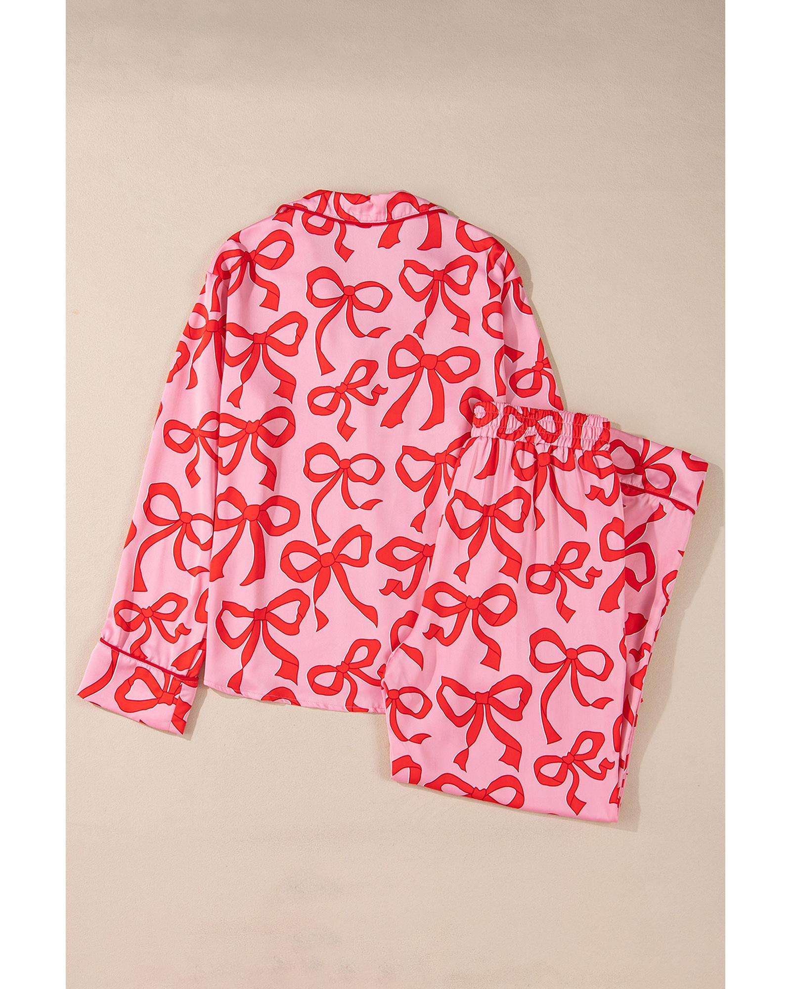 V539-AZEXDC626600-P1020-S-202506142342-00 Pink 2pcs Bow Print Shirt Style Long Sleeve Pajama Set - S - Image 1