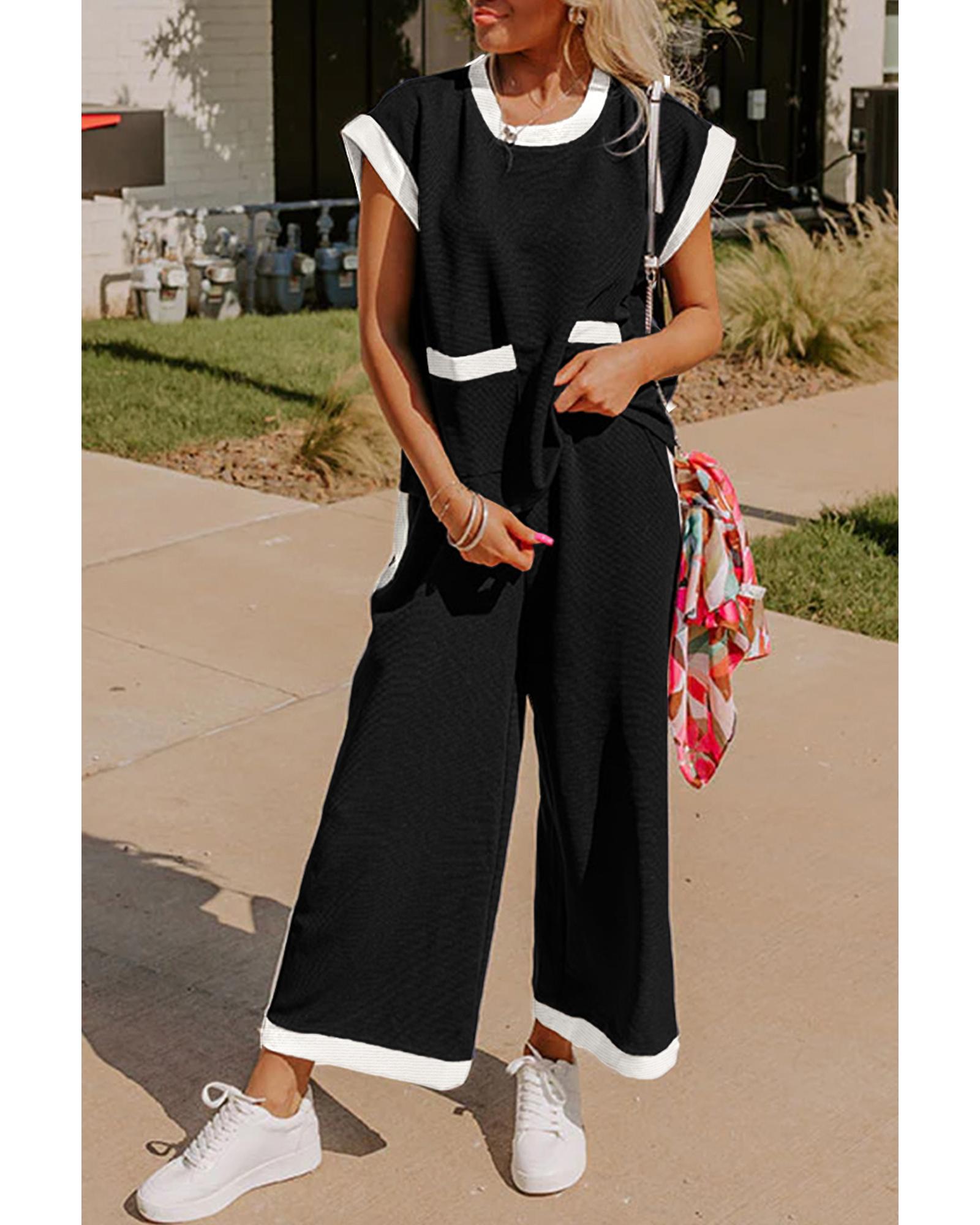 V539-AZEXDC626622-P2-M-202506142354-00 Black Color Block Pocketed T Shirt and Wide Leg Pants Set - M - Image 1