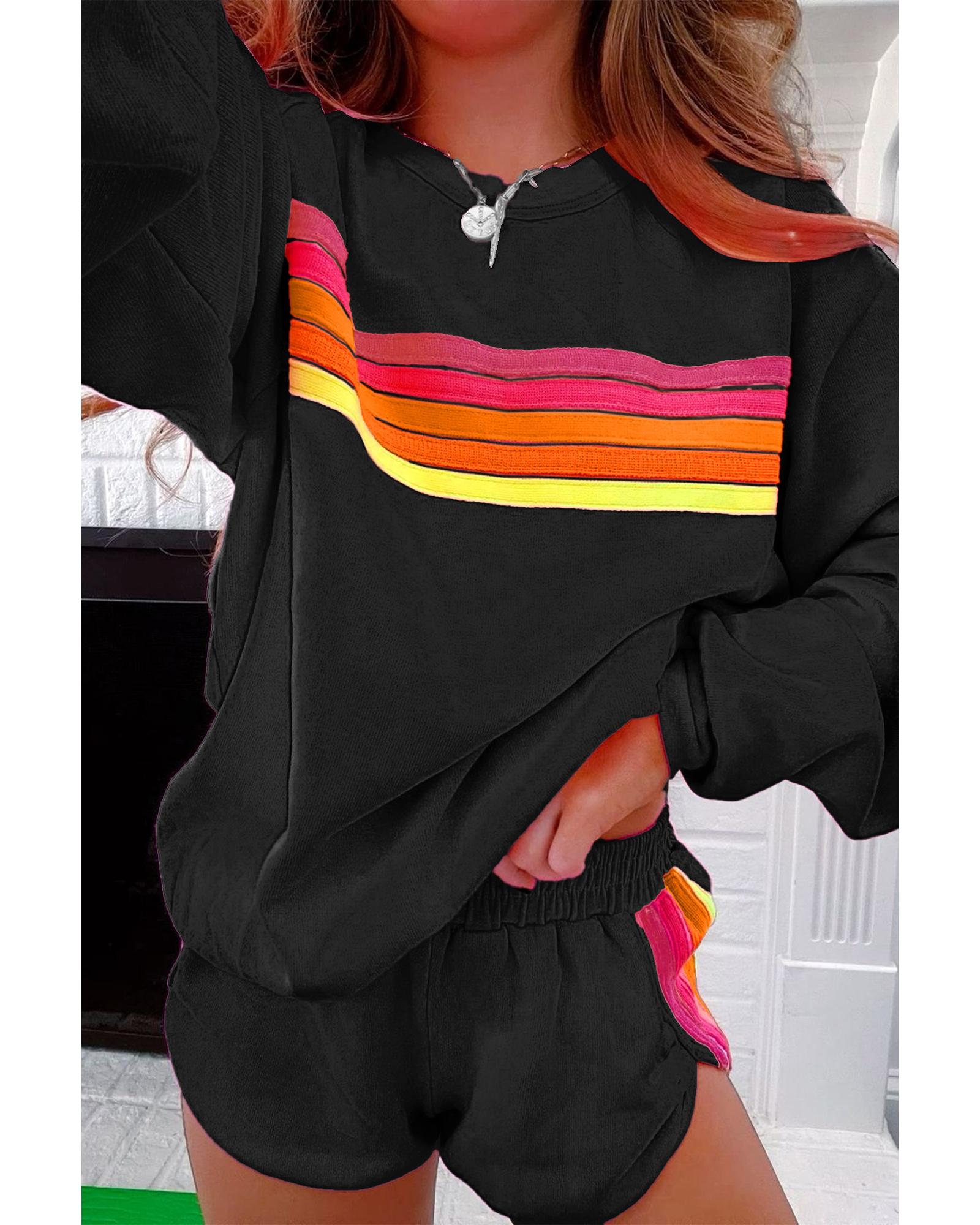 V539-AZEXDC626684-P2-M-202508302145-00 Black Striped Accent Pullover and Shorts Two Piece Casual Set - M - Image 1