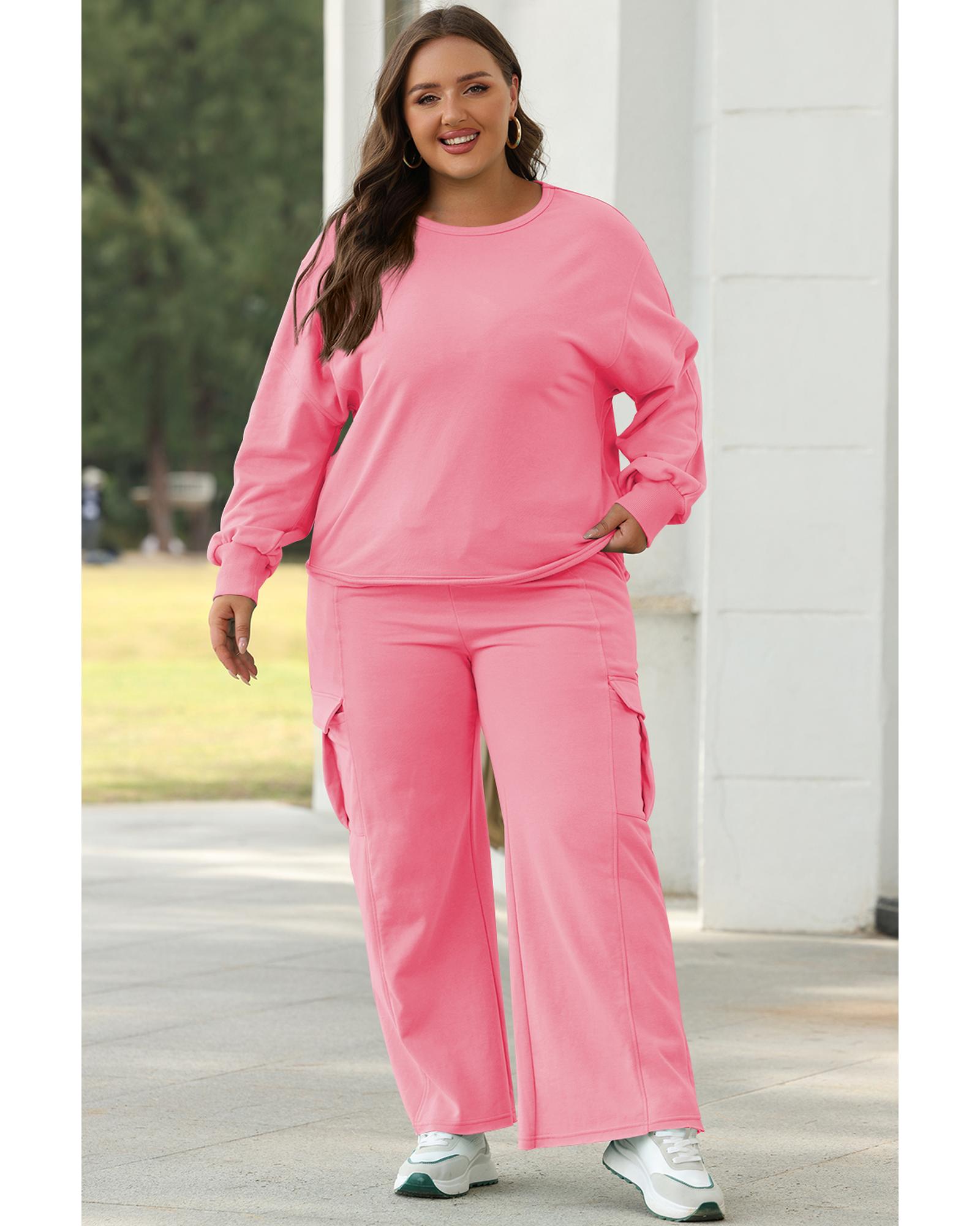 V539-AZEXDC626695-P406-S-202506150040-00 Sachet Pink Solid Color Patchwork Pullover Top and Cargo Pants Set - S - Image 1