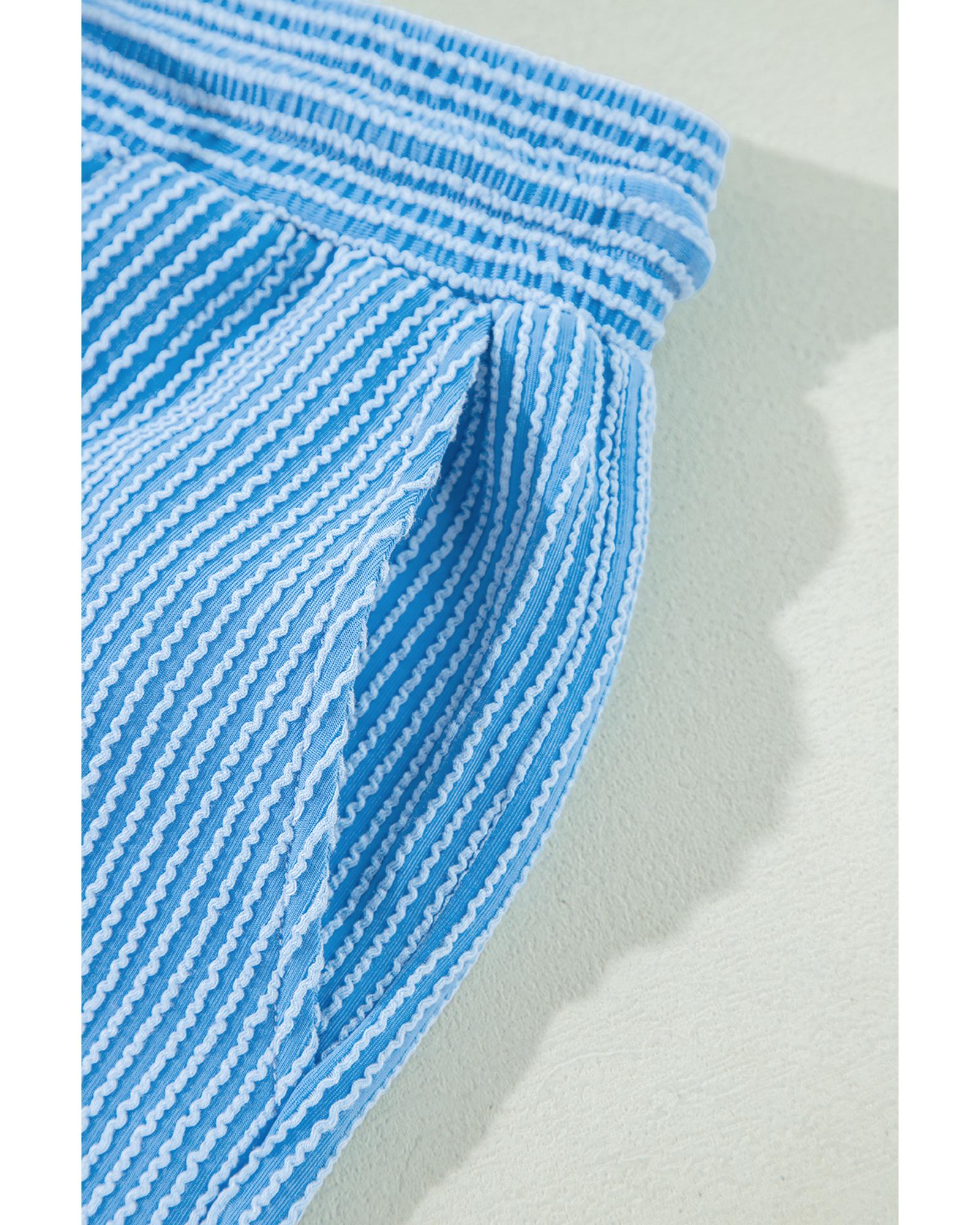 V539-AZEXDC626736-P305-XL-202508291710-00 Blue Solid Corded Knit Short Sleeve T Shirt and Wide Leg Pants Set - XL - Image 1