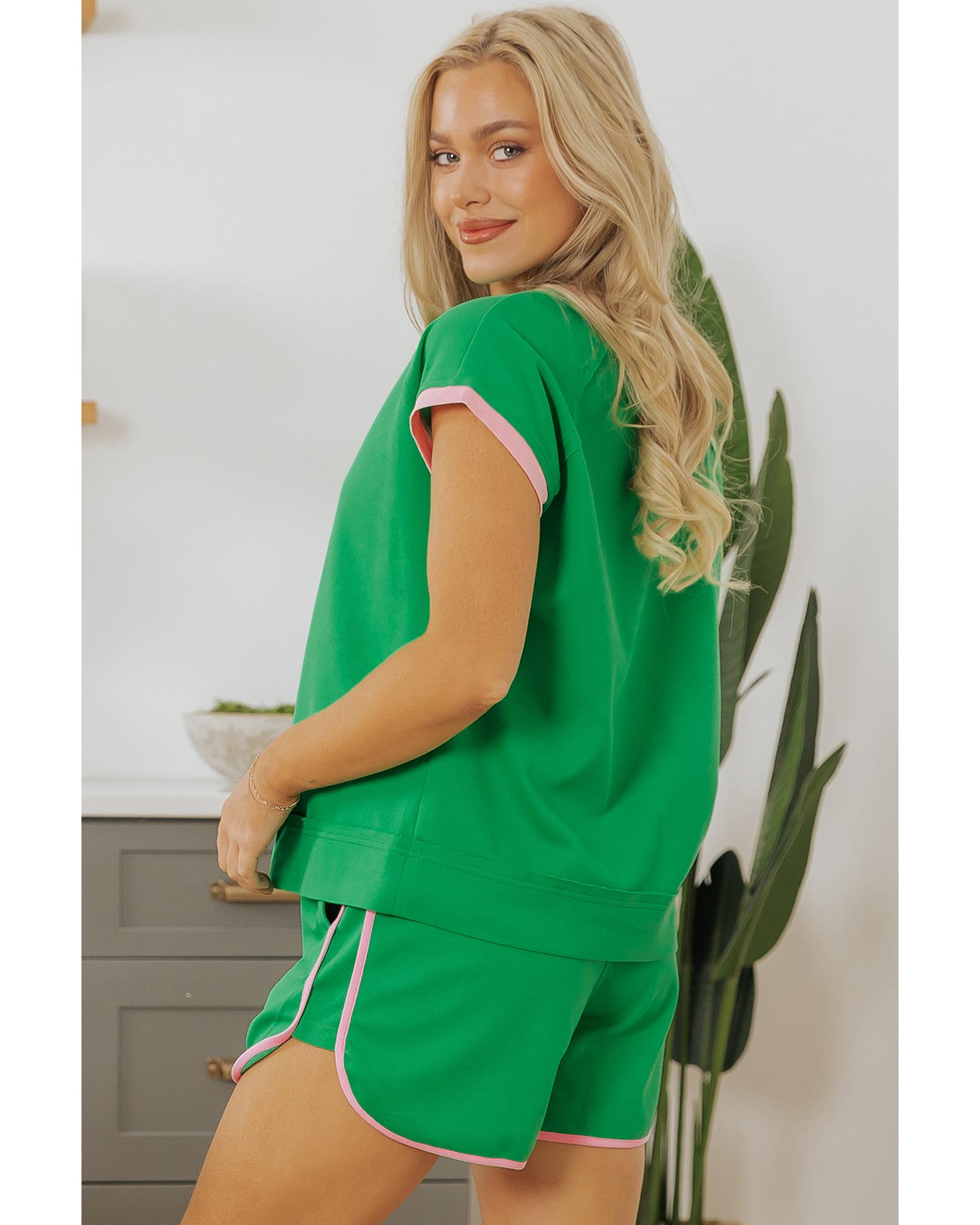 V539-AZEXDC626743-P109-M-202508280420-00 Bright Green Two Tone Contrast Textured Crewneck Tee and Shorts Set - M - Image 1