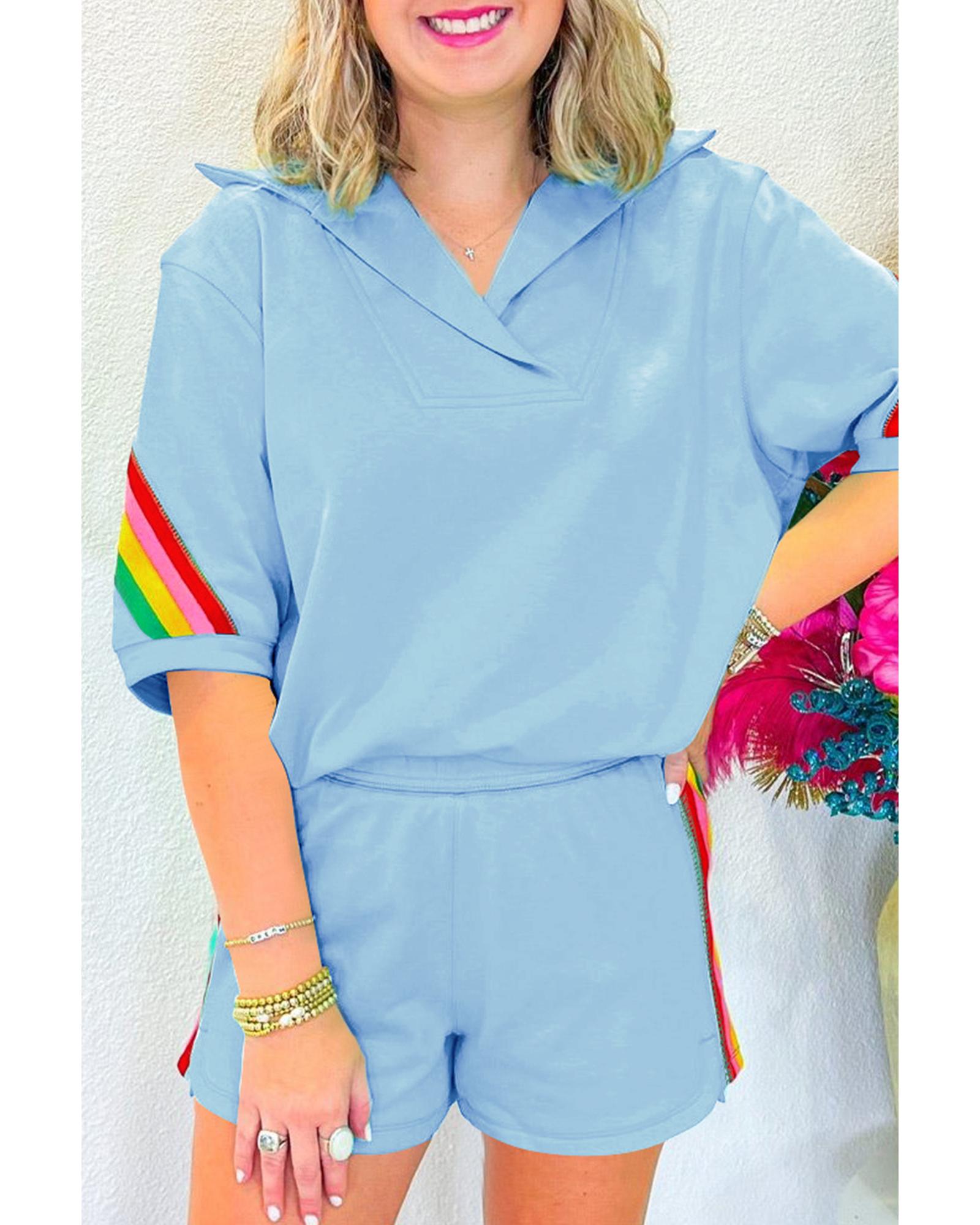 V539-AZEXDC626750-P304-L-202508291310-00 Sky Blue Rainbow Colorblock Collared Short Sleeve Top 2 Piece Shorts Set - L - Image 1