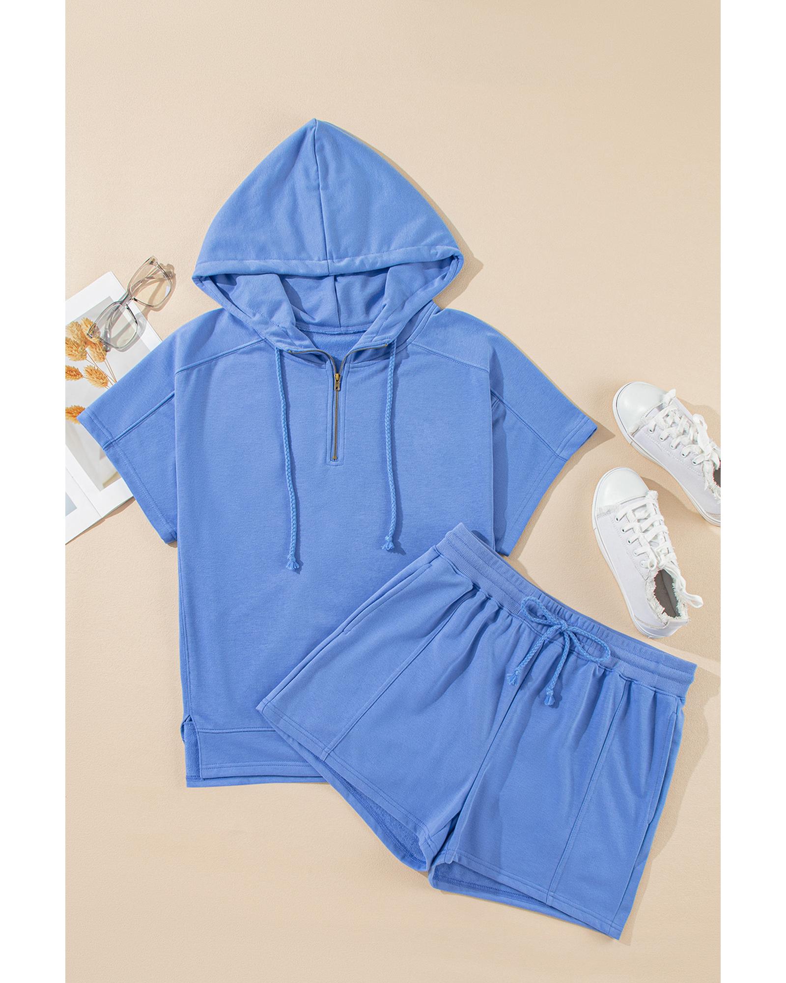 V539-AZEXDC626771-P205-L-202508280450-00 Sky Blue Casual Zipped Short Sleeve Hoodie and Shorts Set - L - Image 1