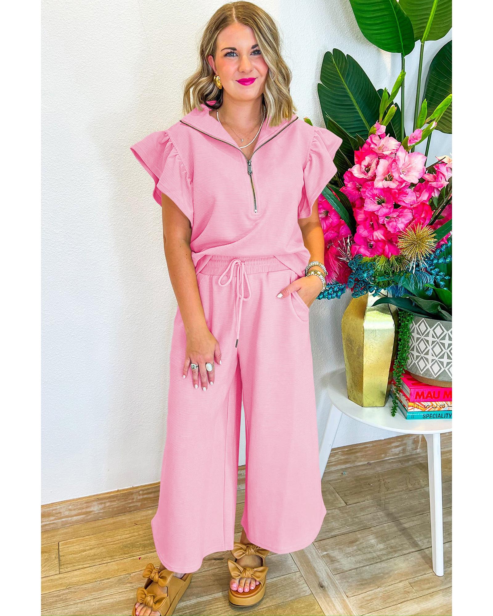 V539-AZEXDC626787-P10-M-202508291915-00 Pink Textured Ruffled Sleeve Zipped Top and Wide Leg Pants Set - M - Image 1