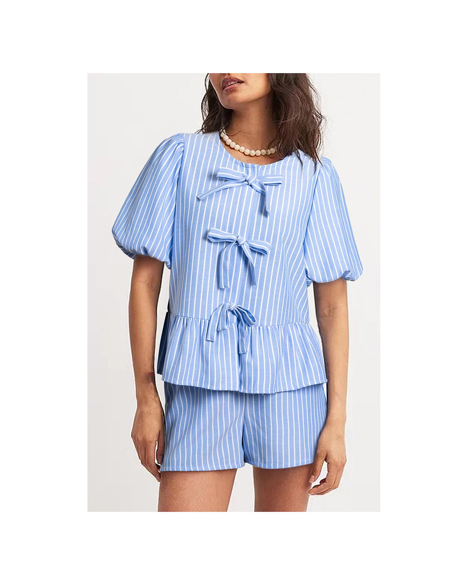 V539-AZEXDC626850-P304-XL-202508291905-00 Sky Blue Striped Bowknot Detail Puffy Sleeve Top and Shorts 2Pcs Set - XL - Image 1