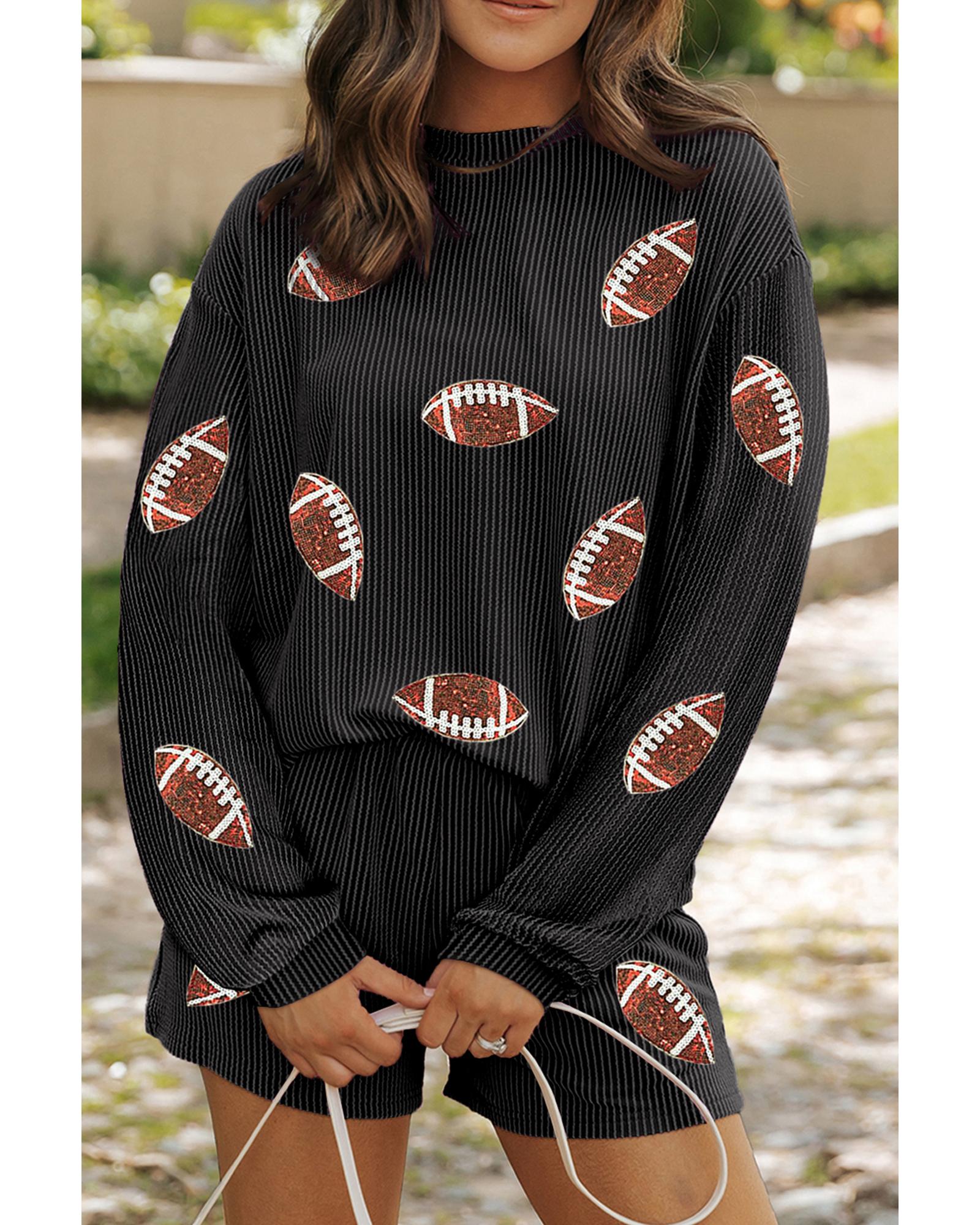 V539-AZEXDC626890-P4011-L-202508280645-00 Carbon Grey Sequin Rugby Football Corded Knit Two Piece Shorts Set - L - Image 1