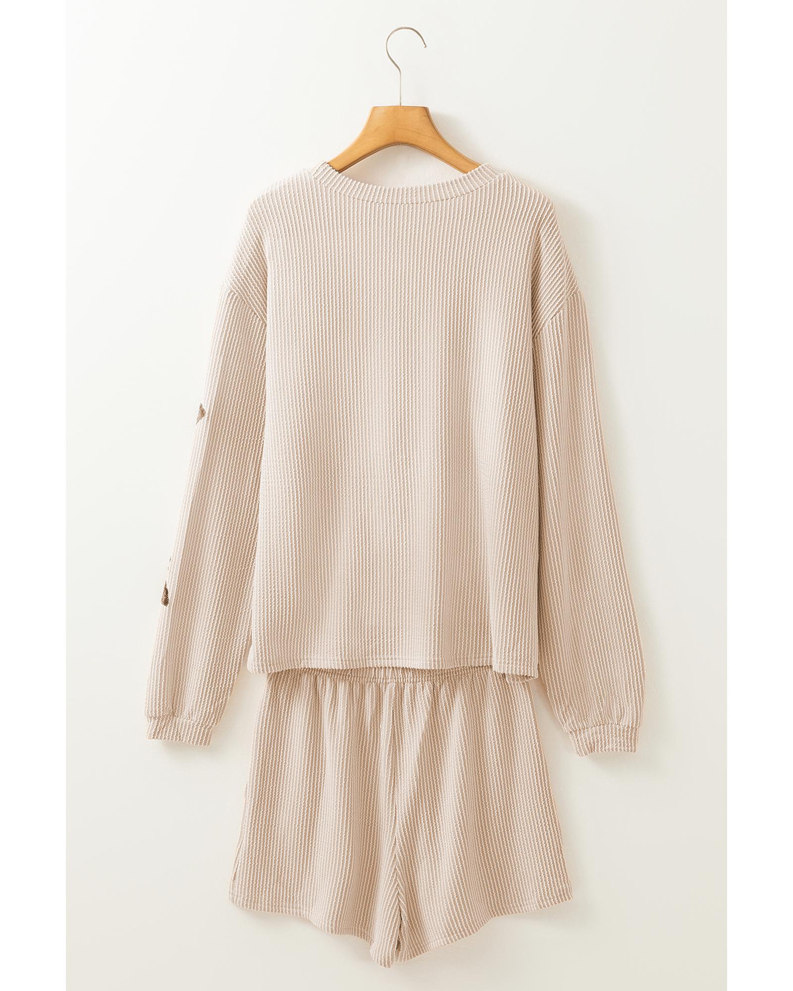 V539-AZEXDC626891-P6016-XL-202508301325-00 Parchment Thanksgiving Sequined Turkey Corded Knit Loose Fit Shorts Set - XL - Image 1