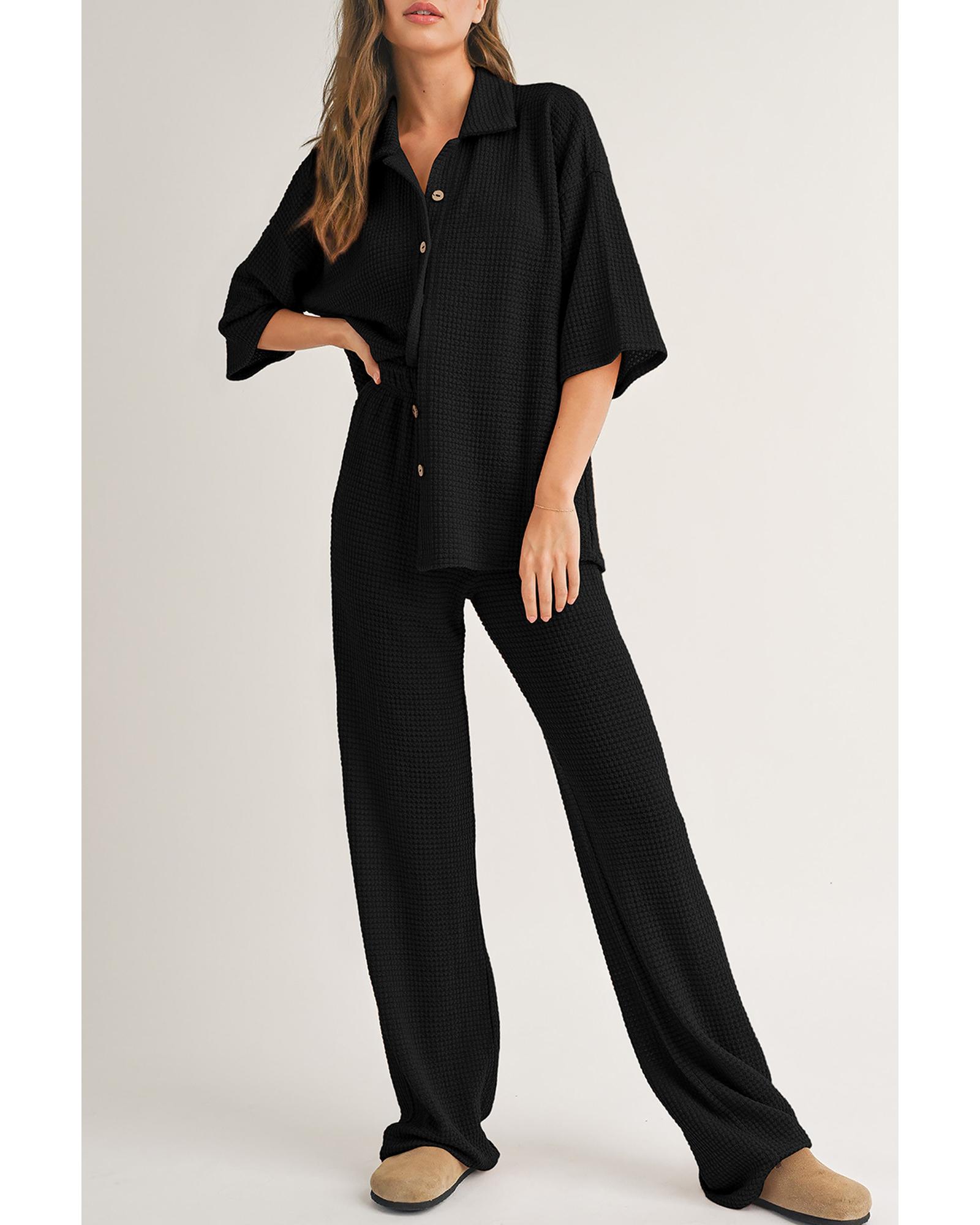 V539-AZEXDC626924-P2-XL-202508301225-00 Black Solid Color Textured Buttoned Shirt and Casual Pants Set - XL - Image 1