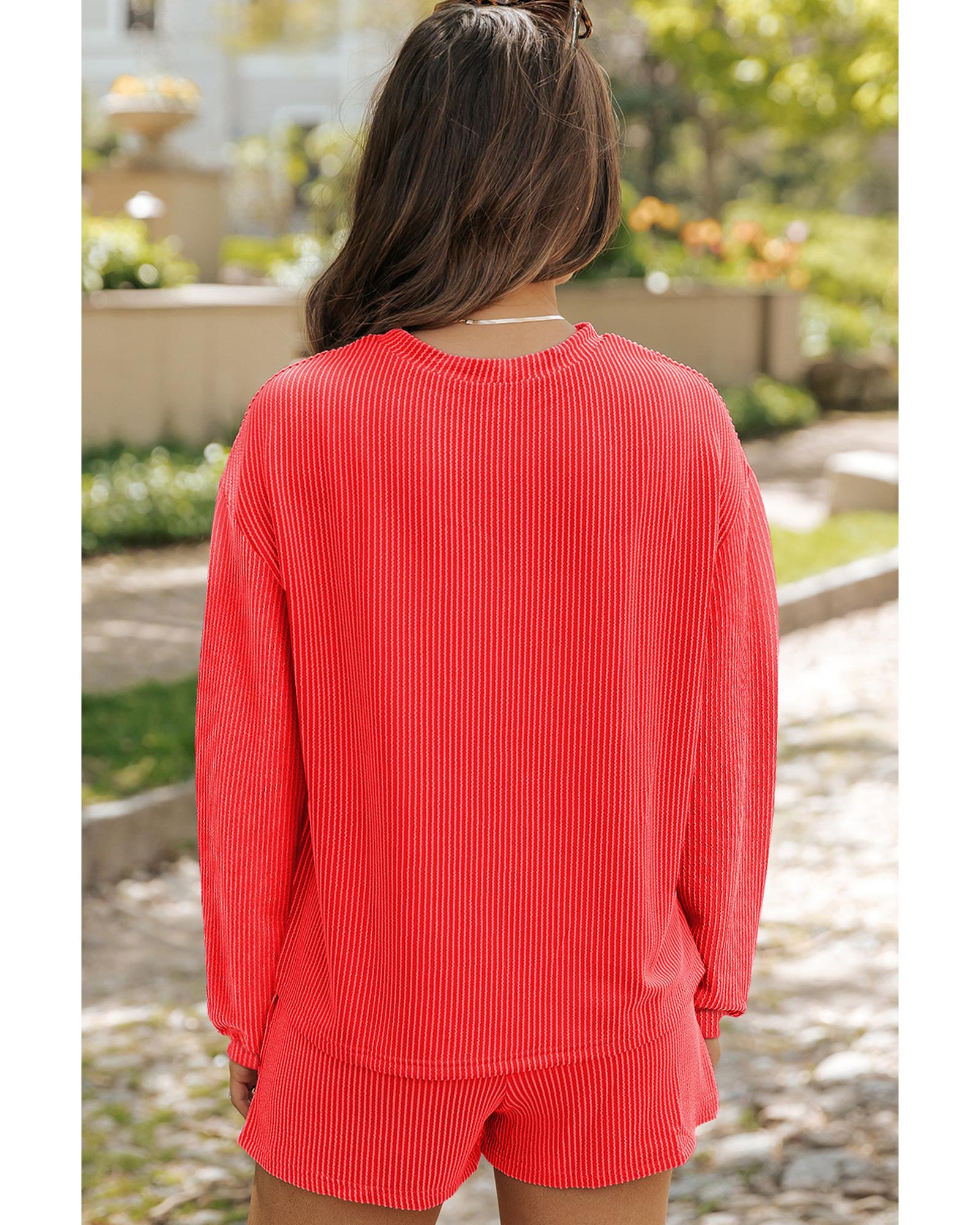 V539-AZEXDC626941-P5014-S-202506150310-00 Gold Flame Shiny Father Christmas Corded Long Sleeve Top and Shorts Set - S - Image 1