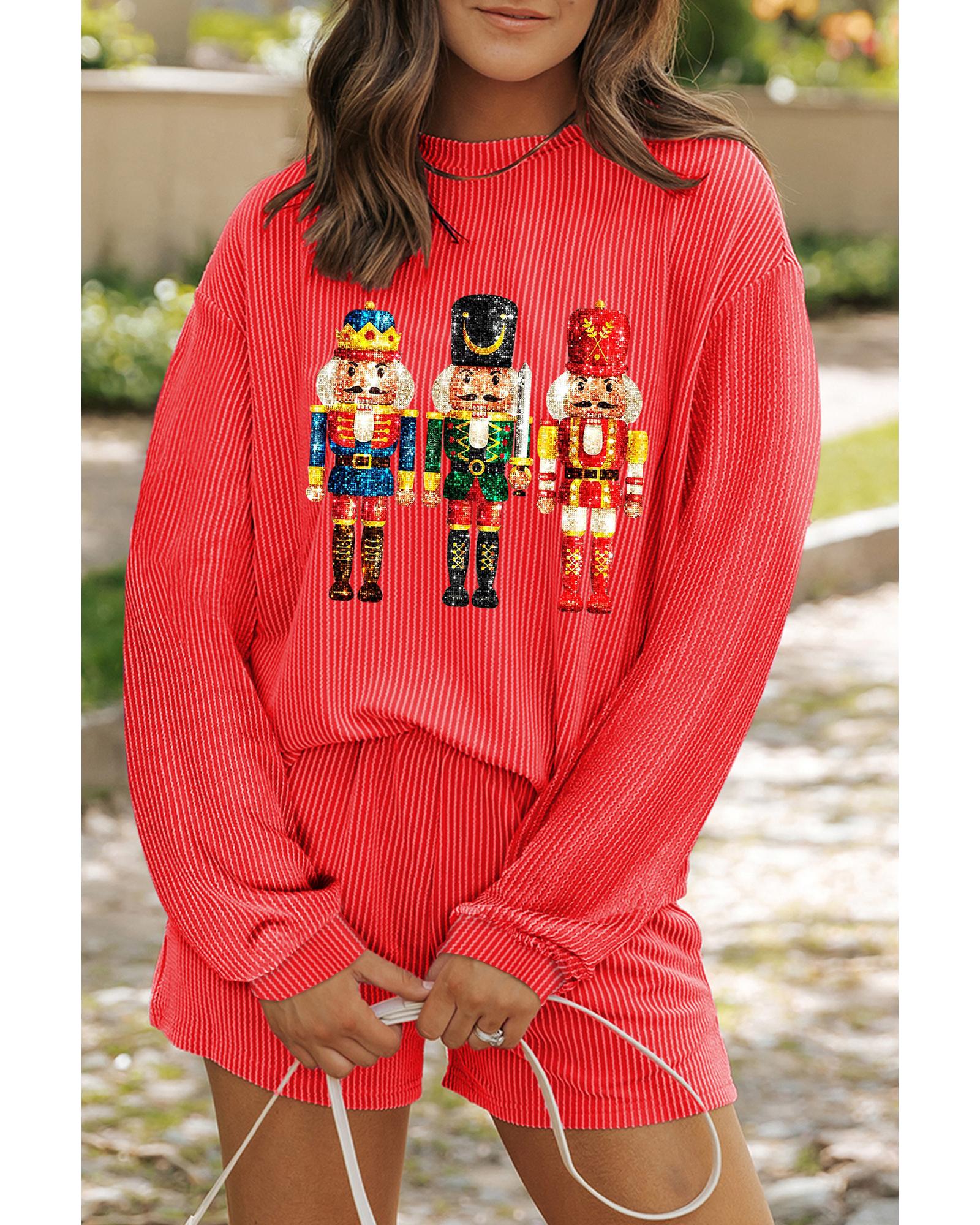 V539-AZEXDC626952-P5014-S-202506150312-00 Gold Flame Heat Transfer Christmas Nutcracker Ribbed Long Sleeve Top Shorts Set - S - Image 1