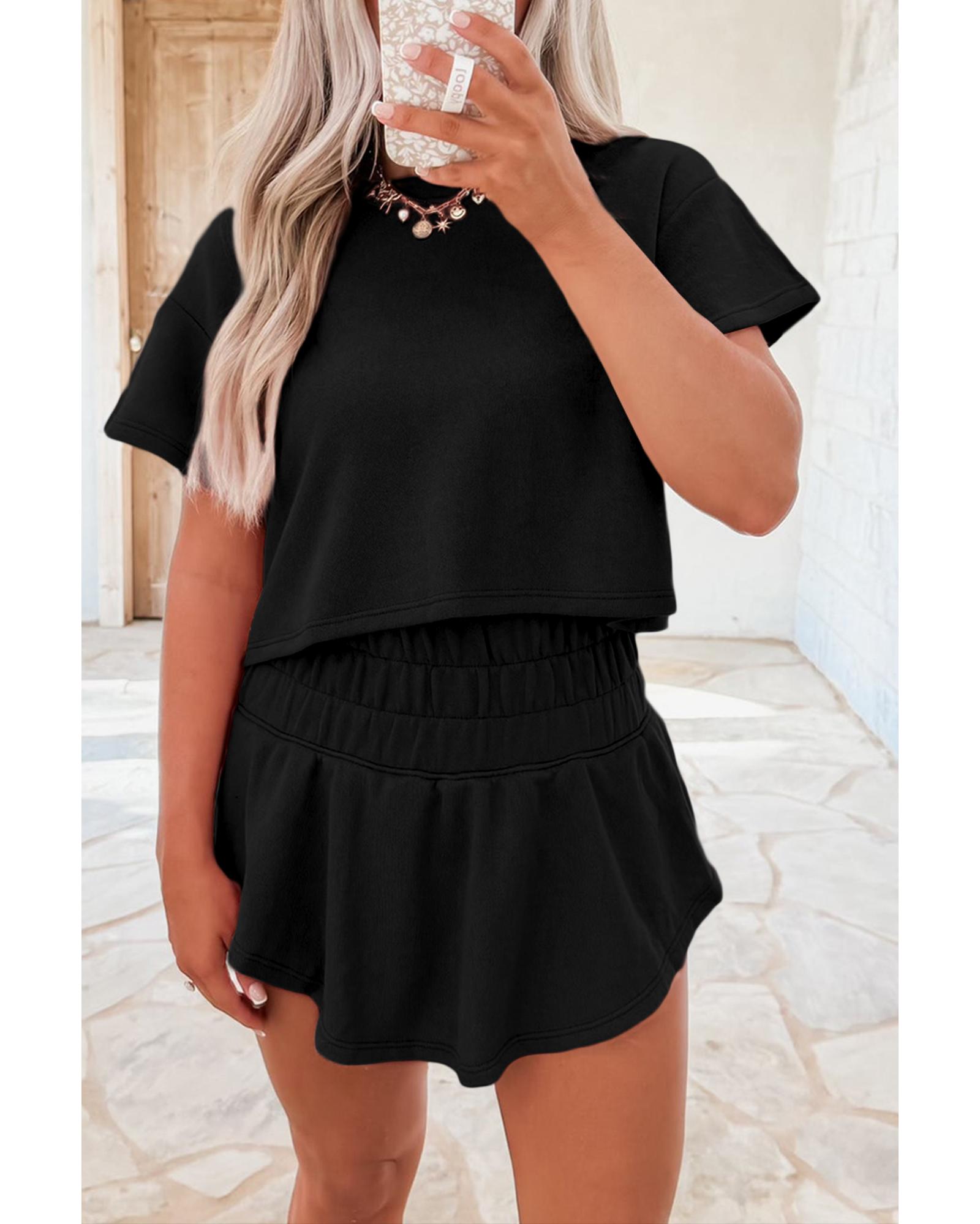 V539-AZEXDC627060-P2-L-202506150015-00 Black 2pcs Cropped Tee and Ruffle High Waist Skort Set - L - Image 1