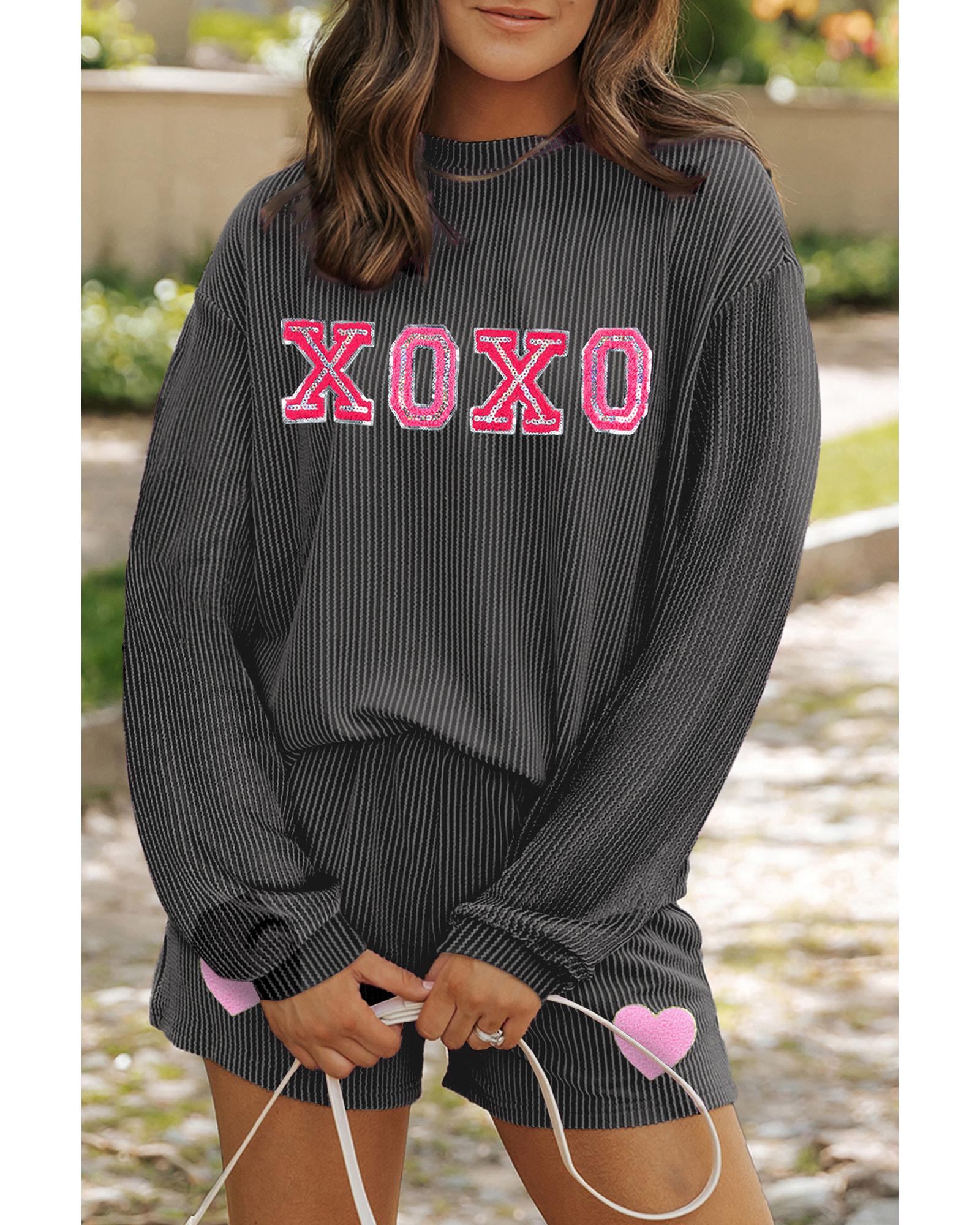 V539-AZEXDC627063-P4011-XL-202508301415-00 Carbon Grey XOXO Heart Patched Pattern Long Sleeve Corded Shorts Set - XL - Image 1