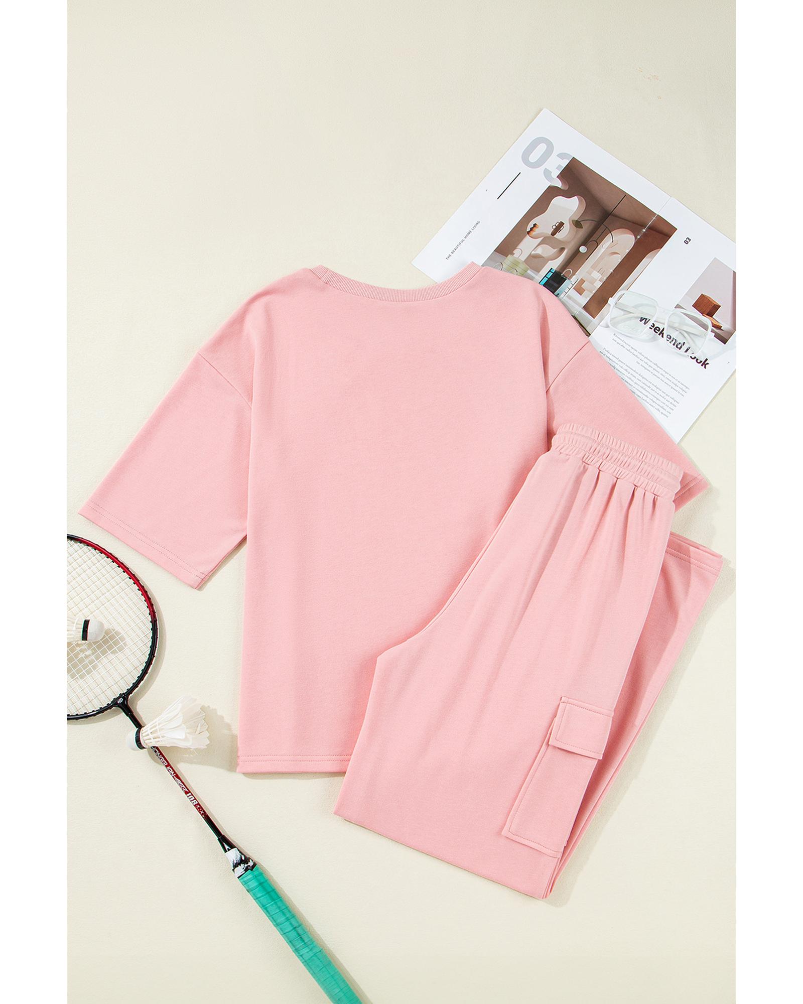 V539-AZEXDC627075-P2010-XL-202506150026-00 Apricot Pink Half Sleeve T-Shirt & Cargo Sweatpants Set - XL - Image 1