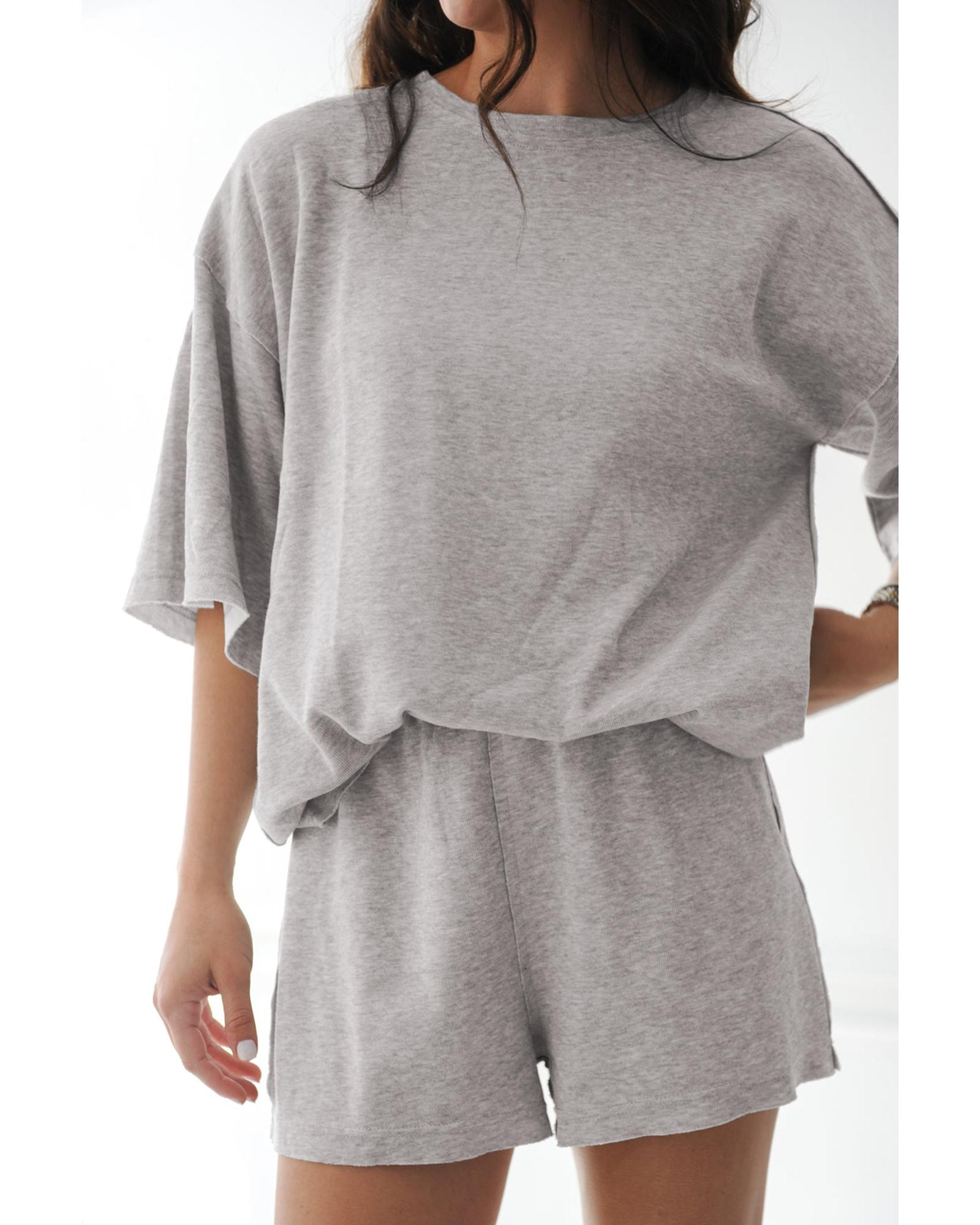 V539-AZEXDC627104-P11-S-202506150035-00 Gray Solid Color Loose Tee 2 Piece Shorts Set - S - Image 1