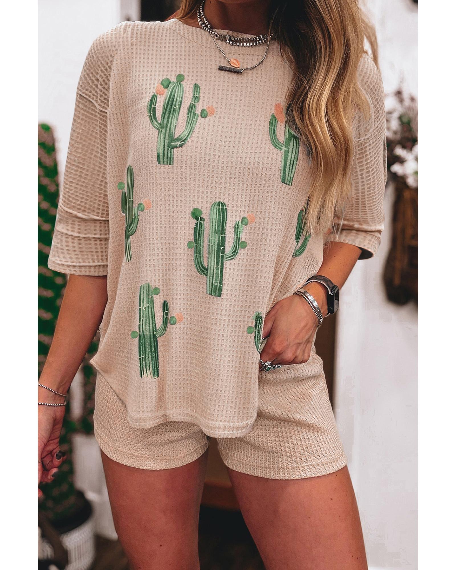 V539-AZEXDC627127-P4016-S-202506150045-00 Light French Beige Cactus Forest Waffle Half Sleeve Tee Short Set - S - Image 1