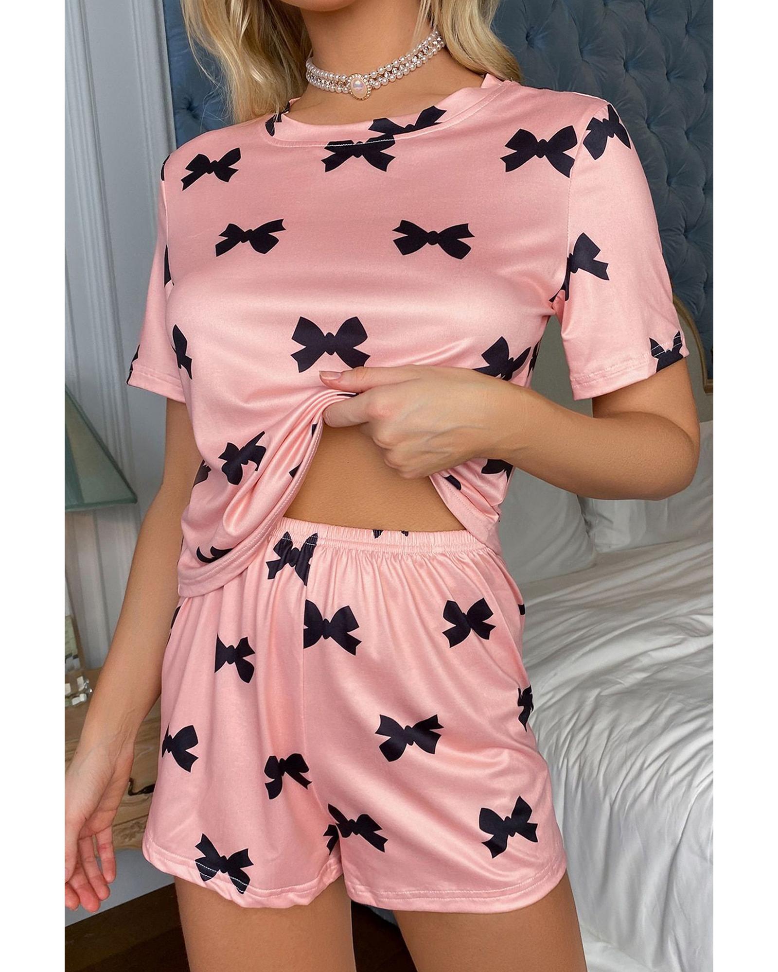 V539-AZEXDC627131-P1020-L-202508290215-00 Pink Bow Printed Short 2pcs Lounge Set - L - Image 1