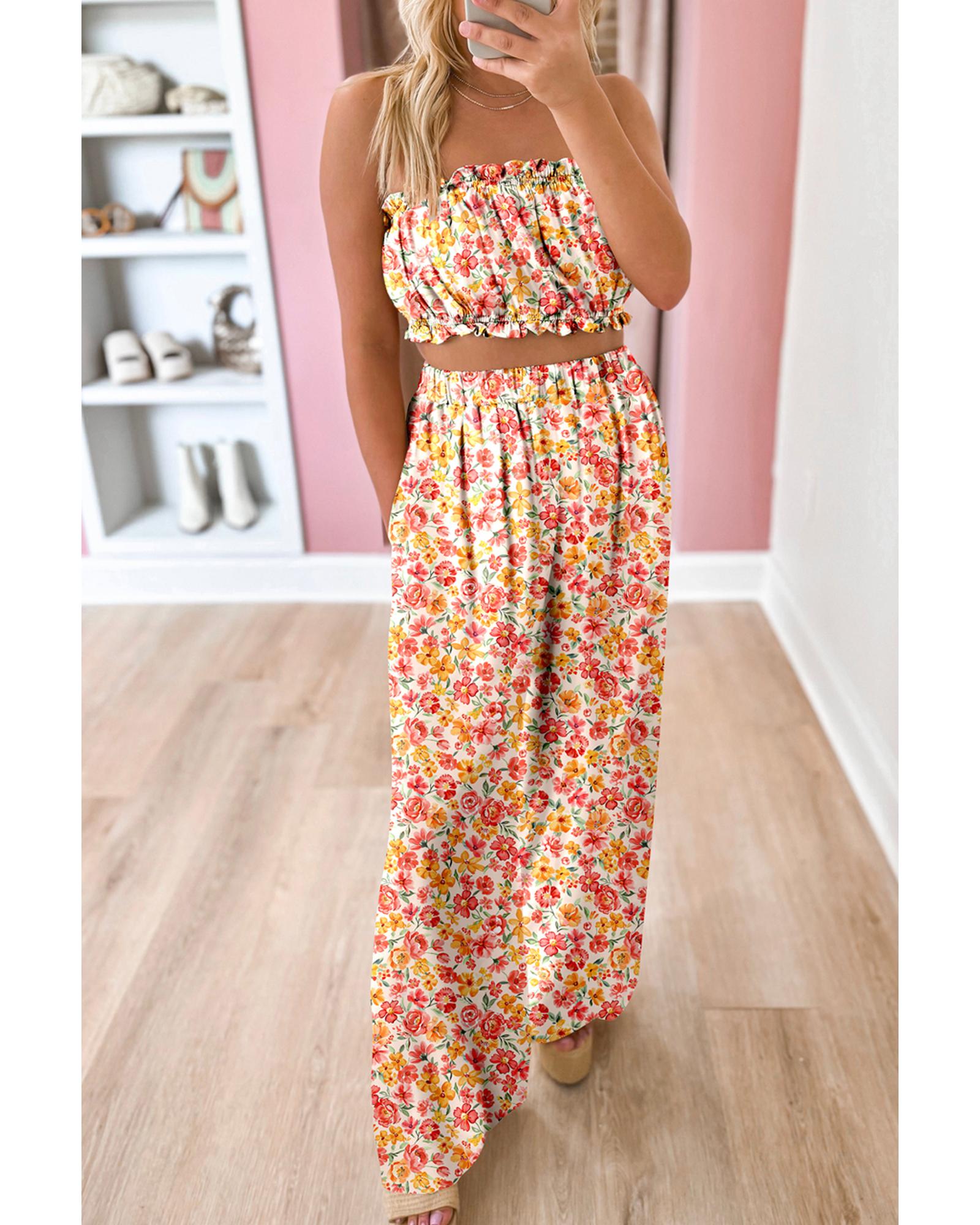 V539-AZEXDC627159-P1020-M-202508291415-00 Pink Boho Floral Bandeau Top and High Waist Wide Leg Pants Set - M - Image 1
