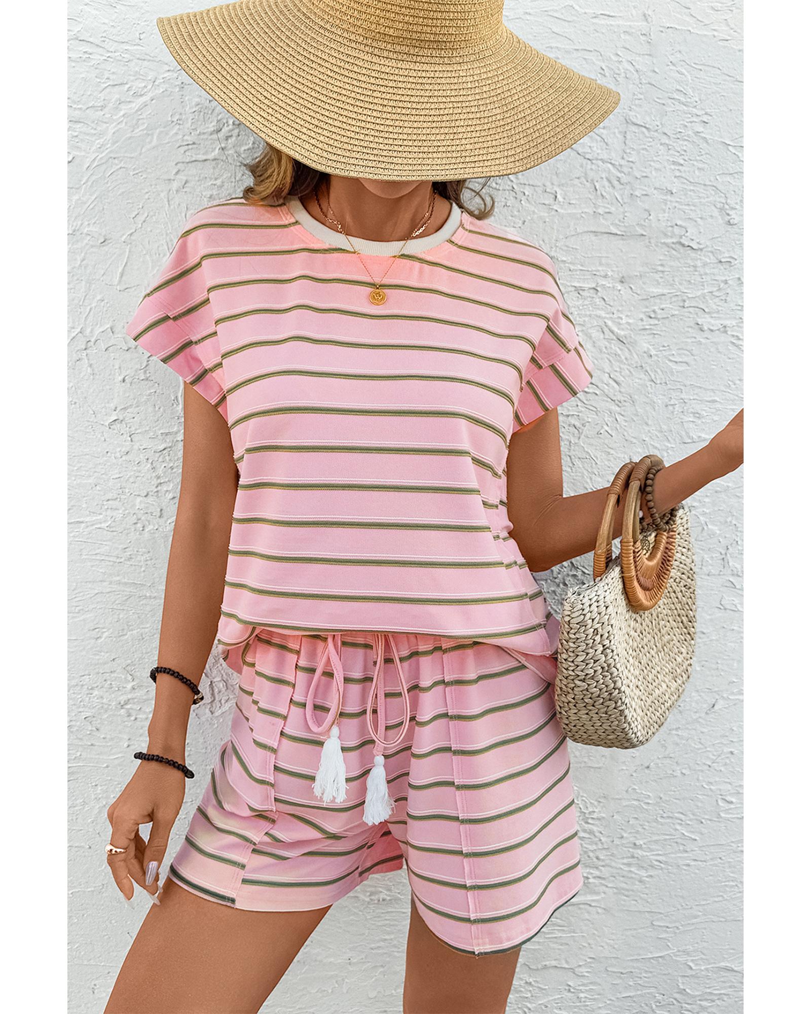 V539-AZEXDC627190-P1019-M-202508282220-00 Pink Stripe Wide Short Sleeve Tee and Short Set - M - Image 1