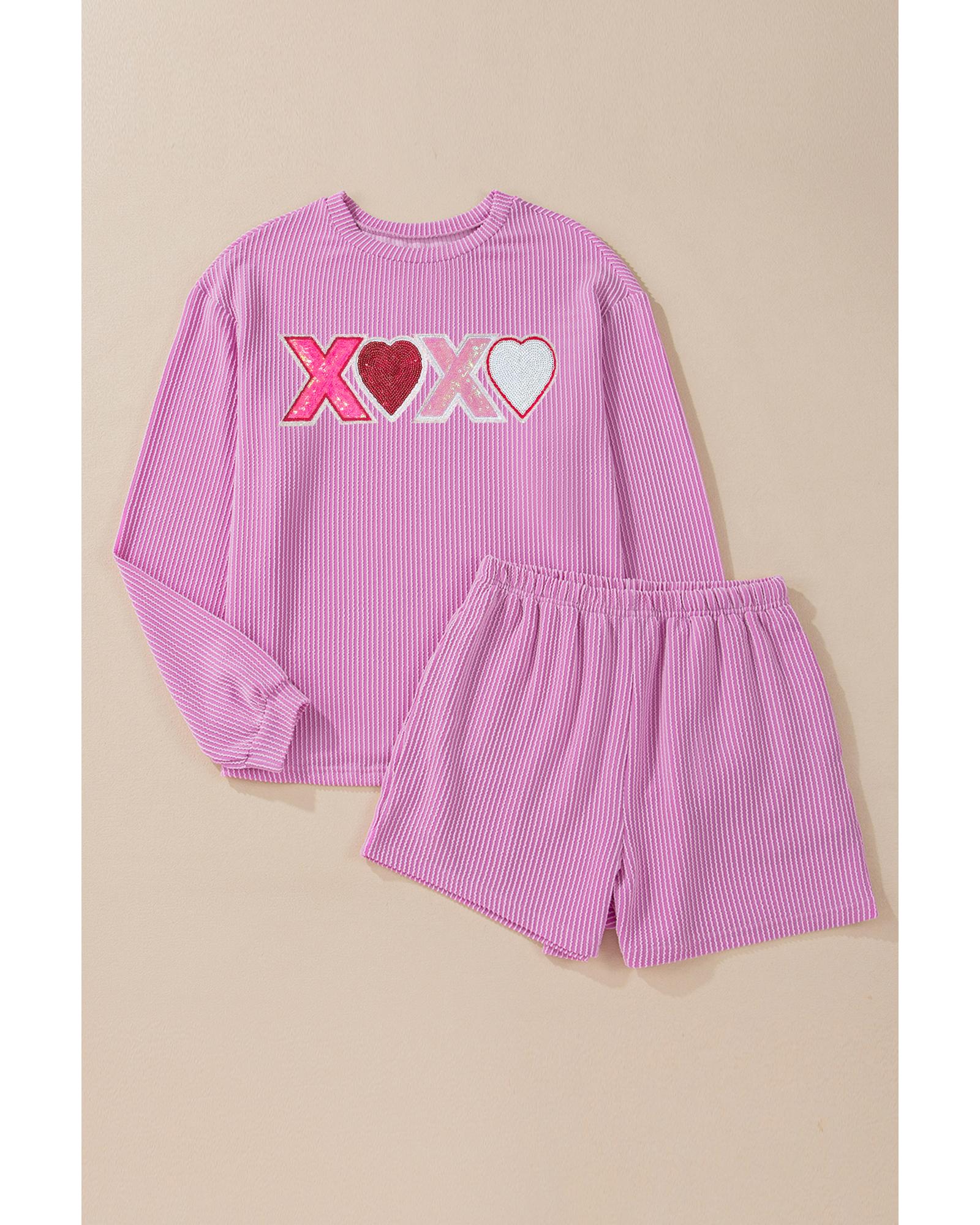 V539-AZEXDC627201-P608-XL-202508280355-00 Phalaenopsis Corded Sequined XOXO Heart Valentines Long Sleeve Shorts Set - XL - Image 1