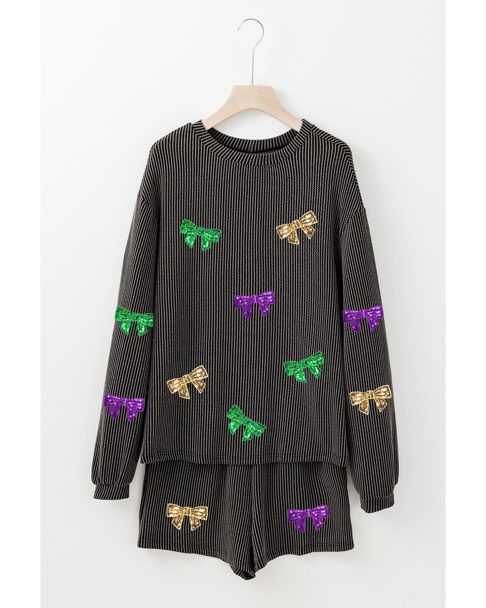 V539-AZEXDC627216-P4011-S-202506150132-00 Carbon Grey Bowknot Patched Pattern Corded Long Sleeve Top and Shorts Outfit - S - Image 1