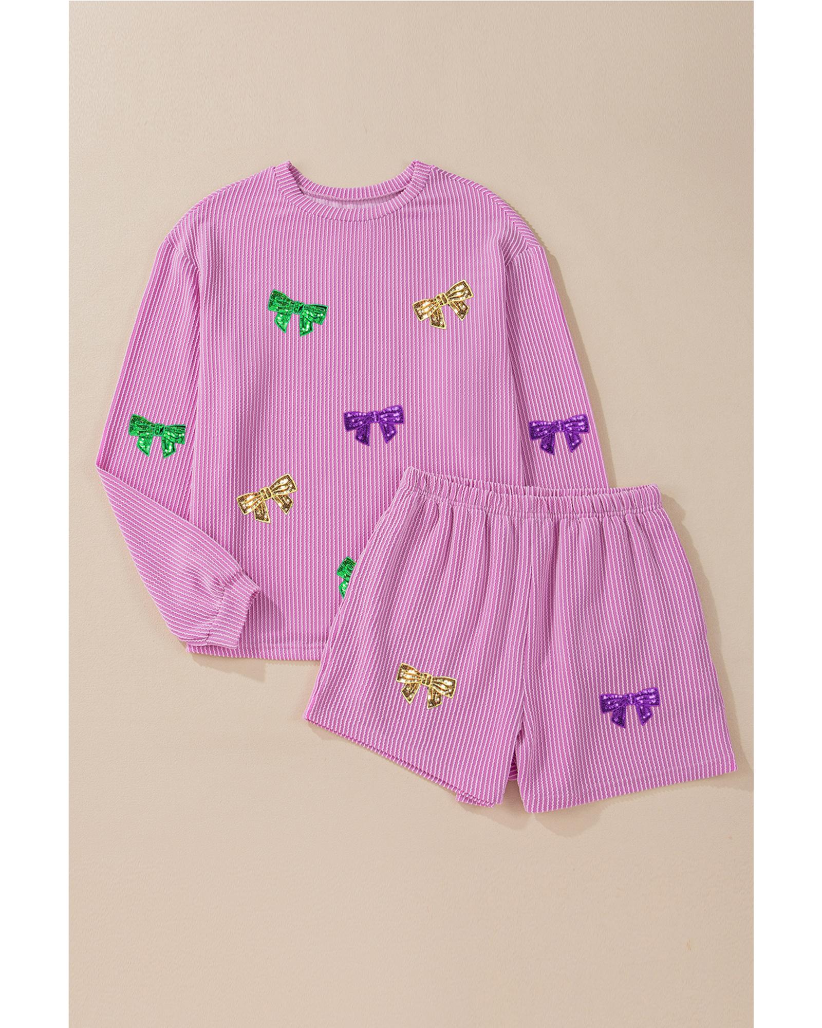 V539-AZEXDC627216-P608-S-202506150135-00 Phalaenopsis Bowknot Patched Pattern Corded Long Sleeve Top and Shorts Outfit - S - Image 1