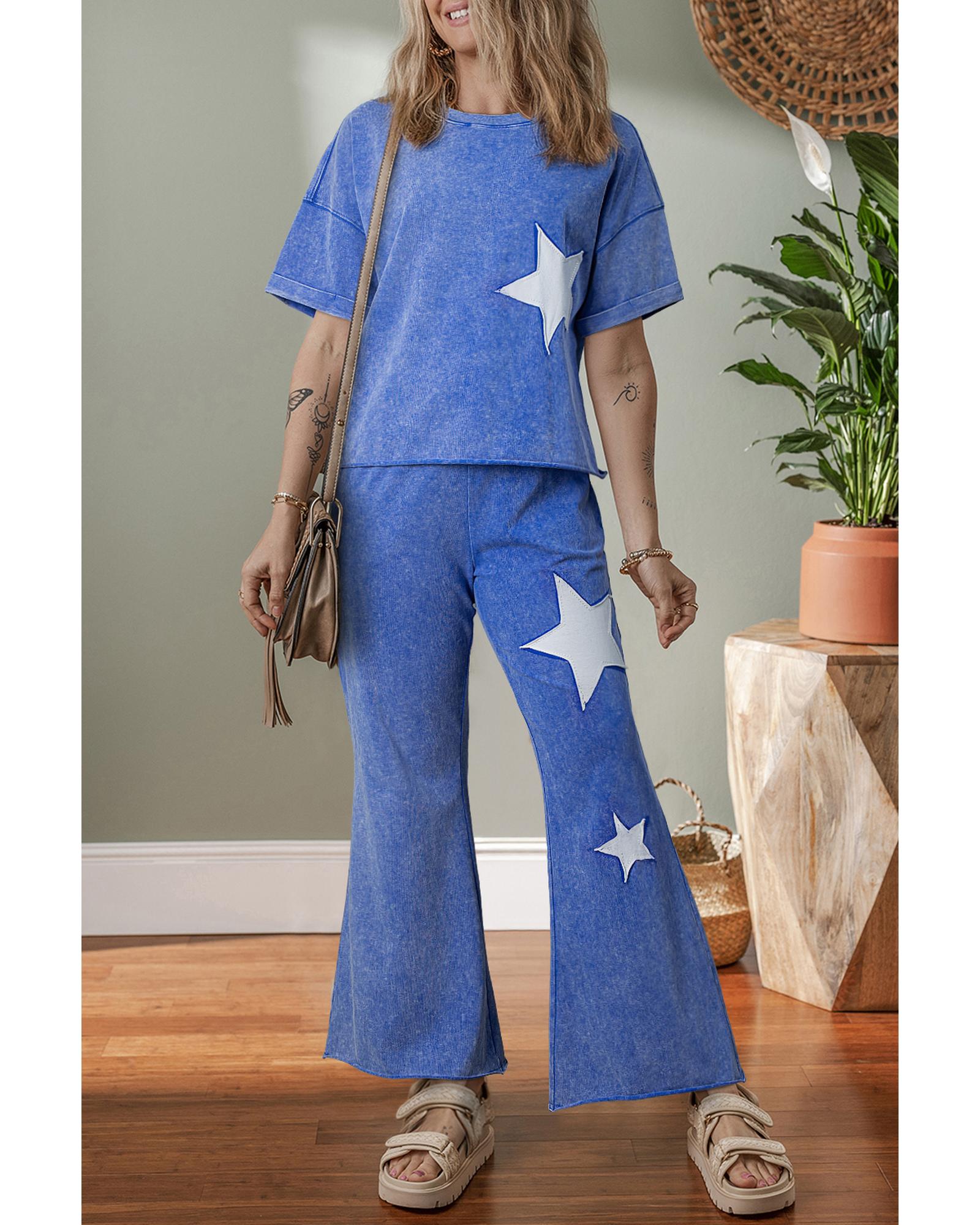 V539-AZEXDC627382-P604-L-202508280740-00 Ashleigh Blue Acid Wash Star Patched Rolled Trim Pants Set - L - Image 1