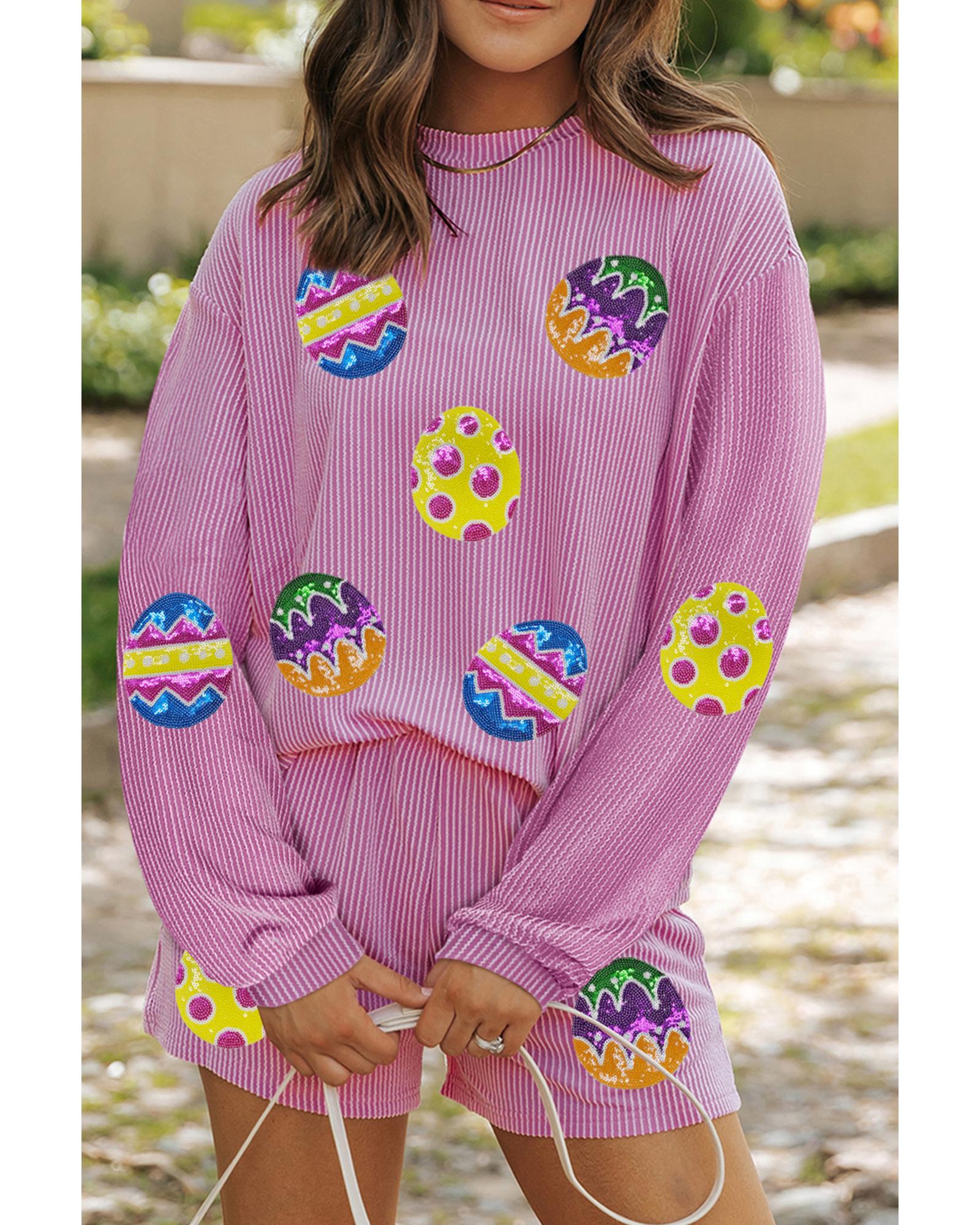 V539-AZEXDC627471-P608-M-202508301050-00 Phalaenopsis Easter Egg Patched Graphic Corded Long Sleeve Top Shorts Set - M - Image 1