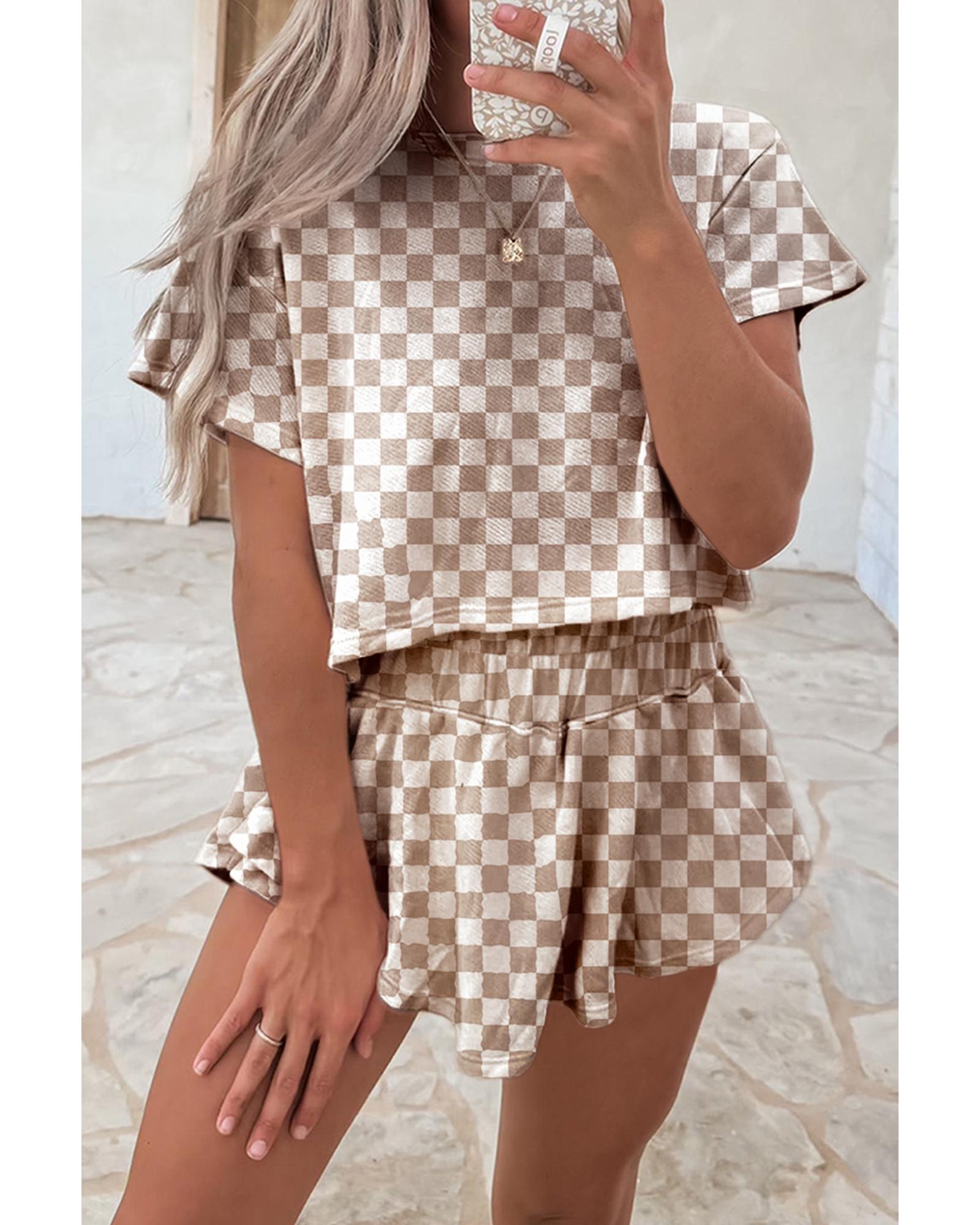 V539-AZEXDC627483-P1720-S-202506150237-00 Brown Checkerboard T Shirt and High Waist Skorts 2 Piece Outfit - S - Image 1