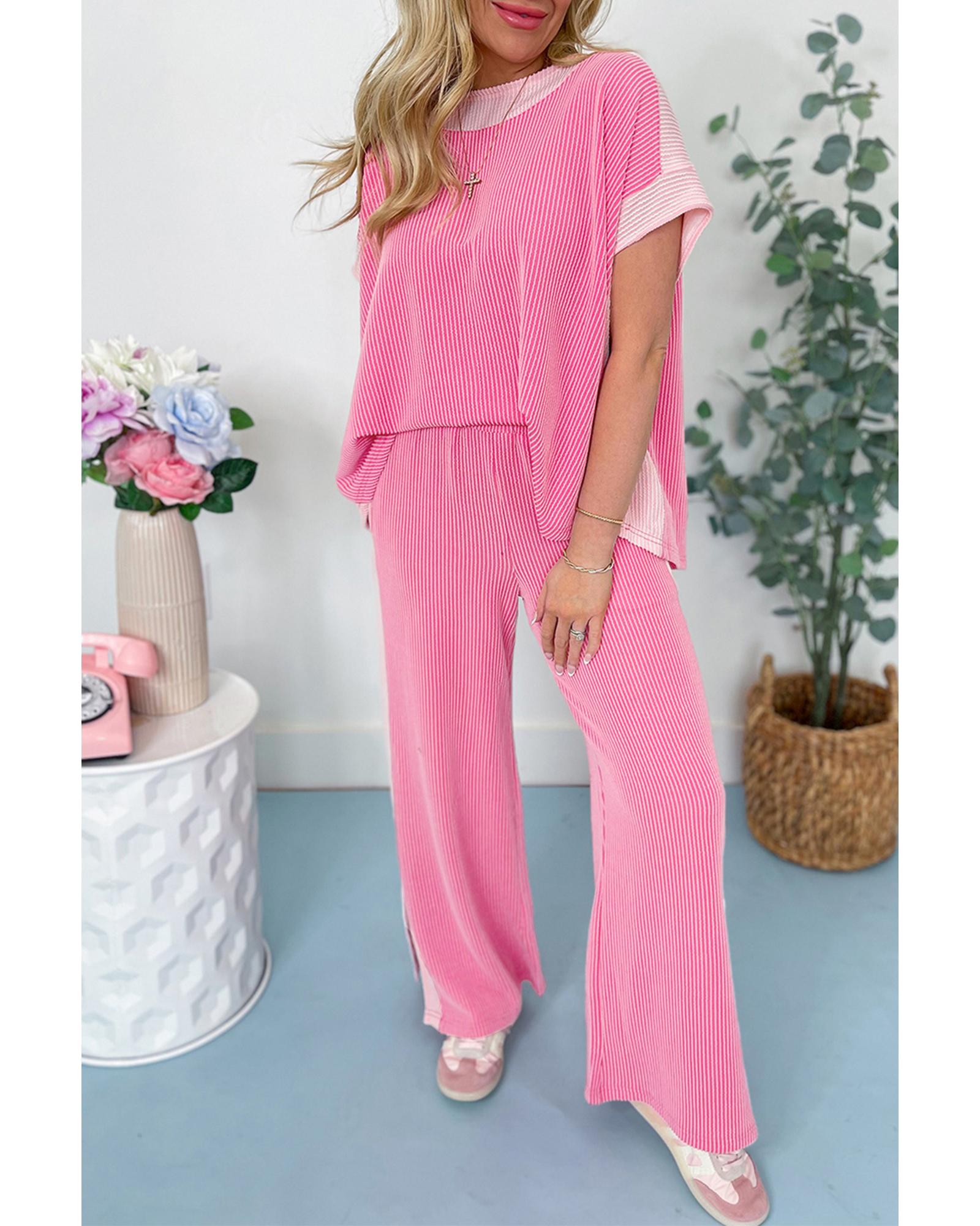 V539-AZEXDC627518-P406-M-202508301840-00 Sachet Pink 2-tone Colorblock Patchwork Corded 2pcs Outfit - M - Image 1