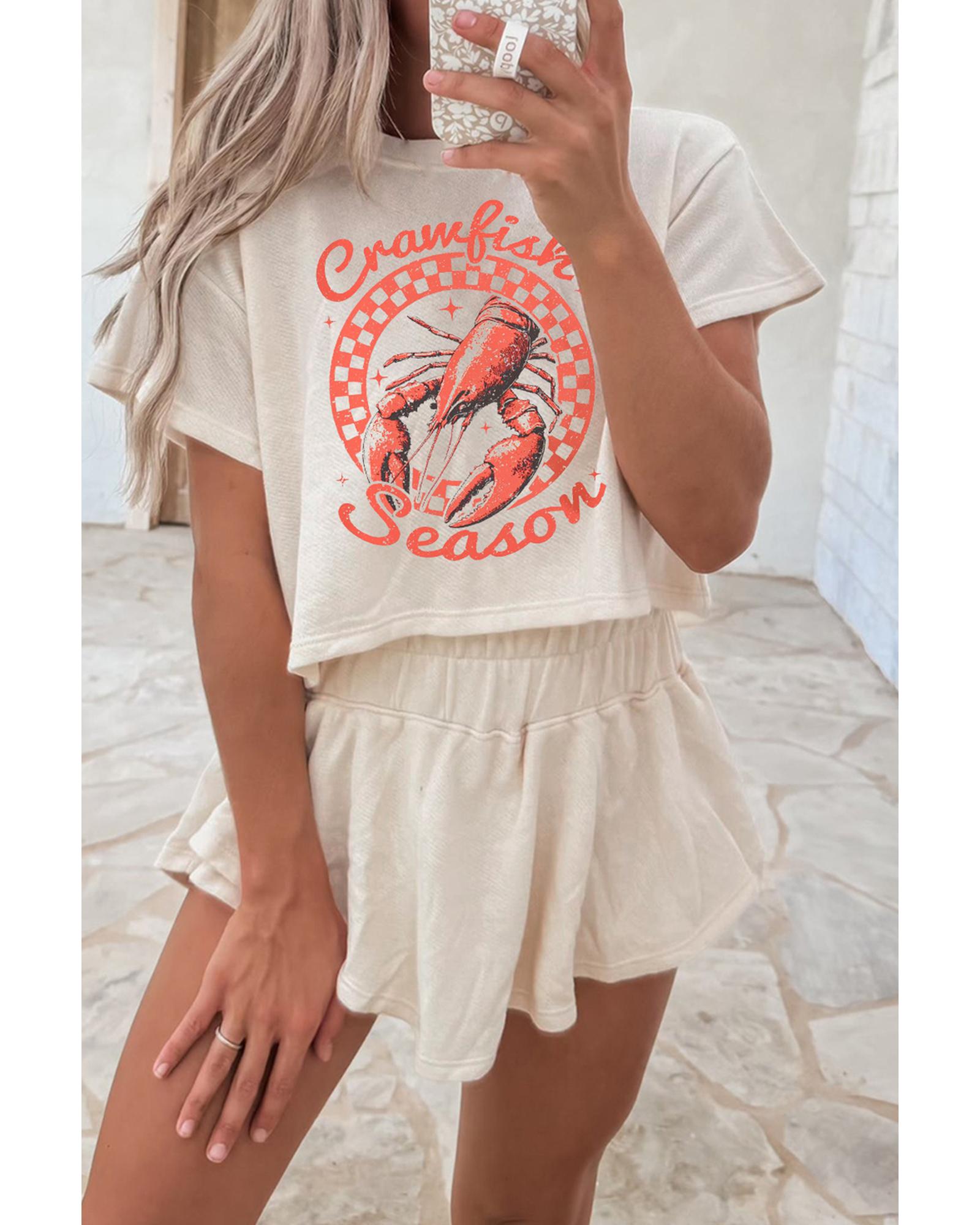 V539-AZEXDC627577-P15-L-202508310220-00 Beige Crawfish Season Print T Shirt and High Waist Ruffle Skorts Set - L - Image 1