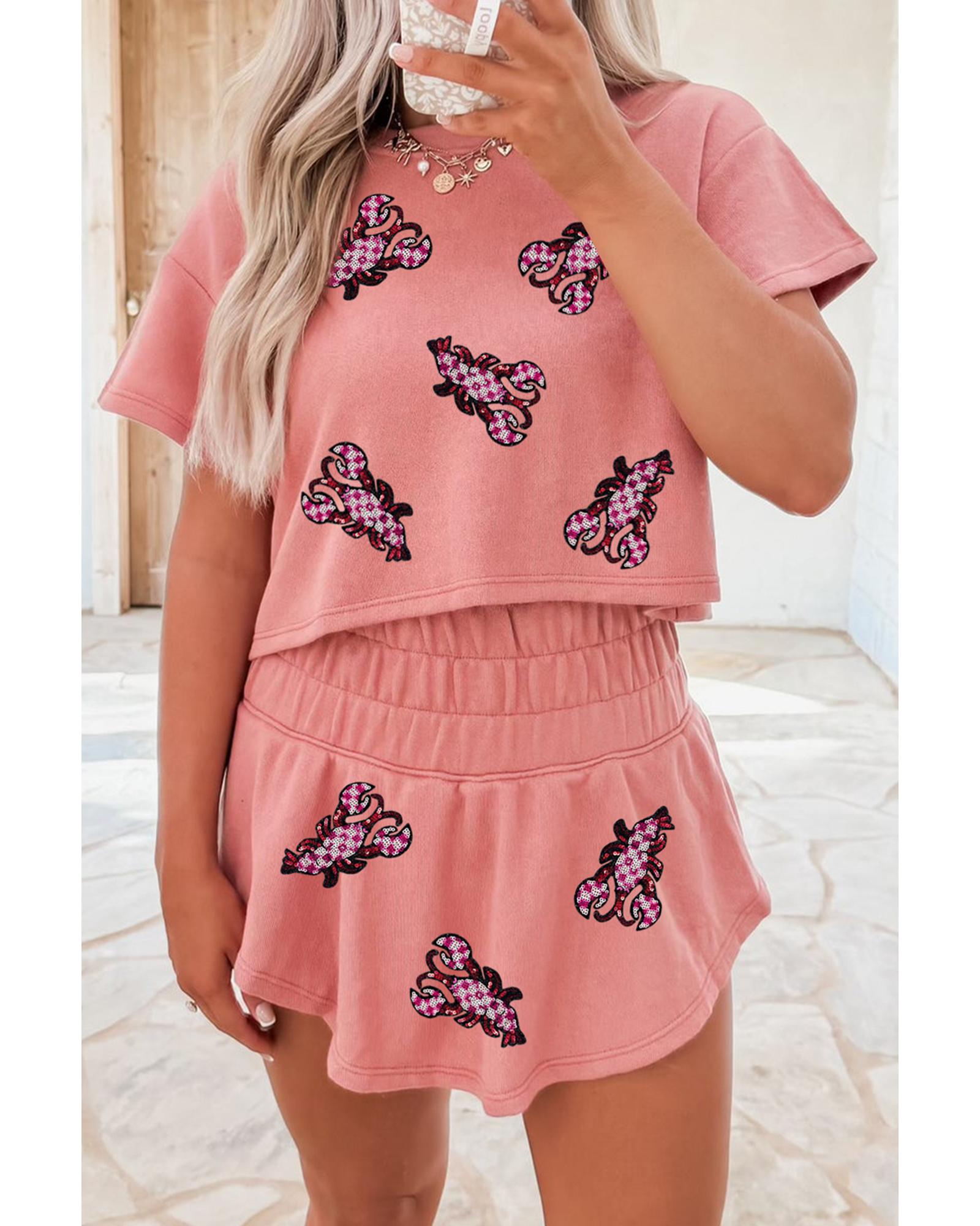 V539-AZEXDC627594-P1510-S-202508301655-00 Blossom Sequined Lobster Patched Crop Tee and High Waist Short Set - S - Image 1